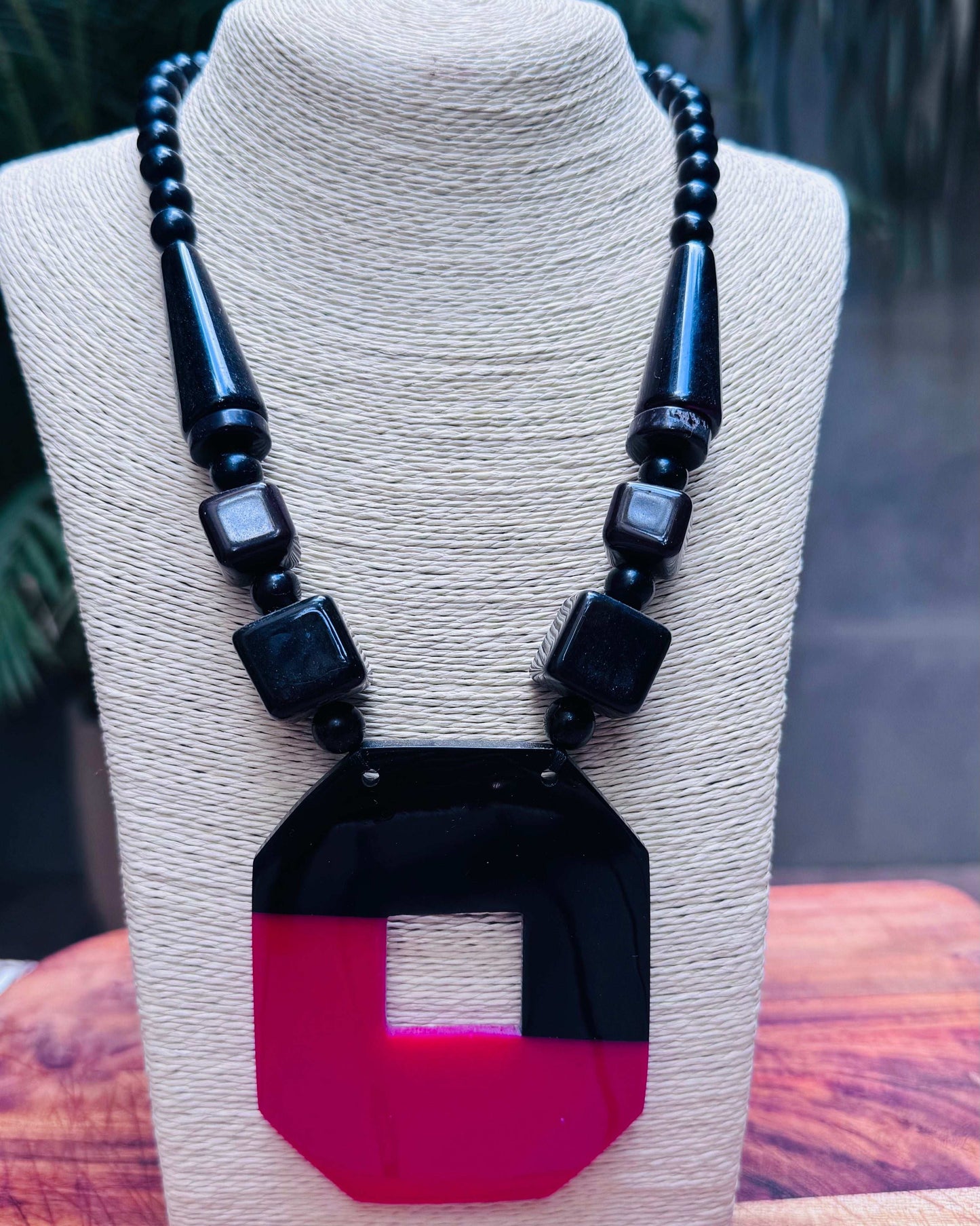 Artisan Geometric Statement Necklace with Black & Red Oversized Pendant - Occean By Soumali