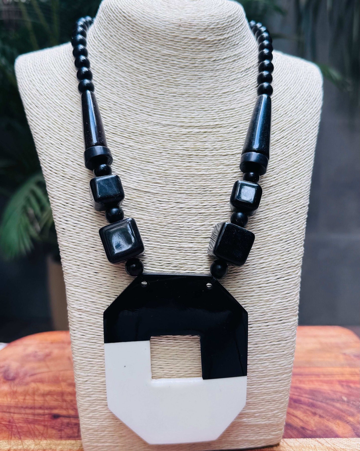 Artisan Geometric Statement Necklace with Black & White Oversized Pendant - Occean By Soumali