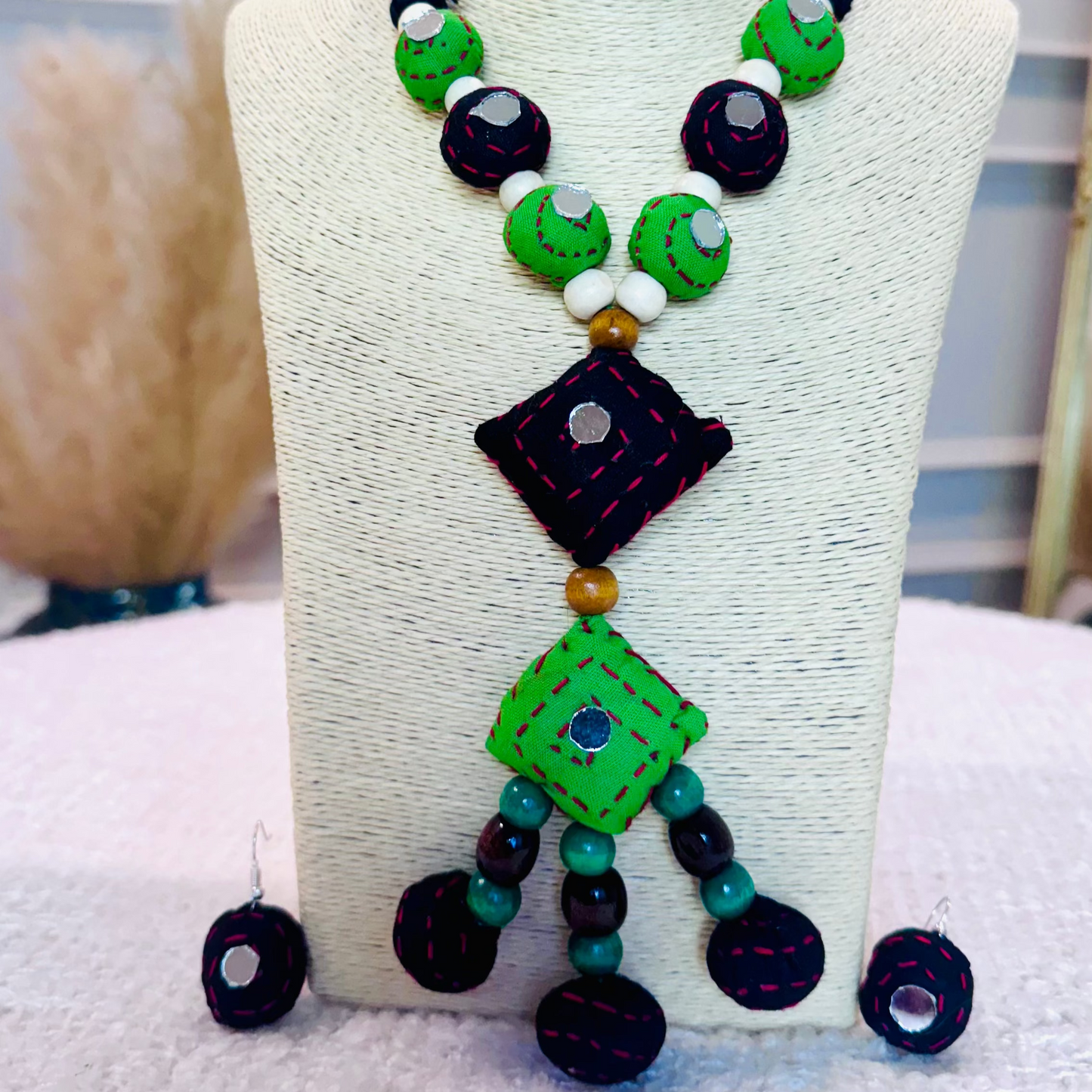 Artisan Kantha Stitch Beaded Necklace Set with Geometric Pendant