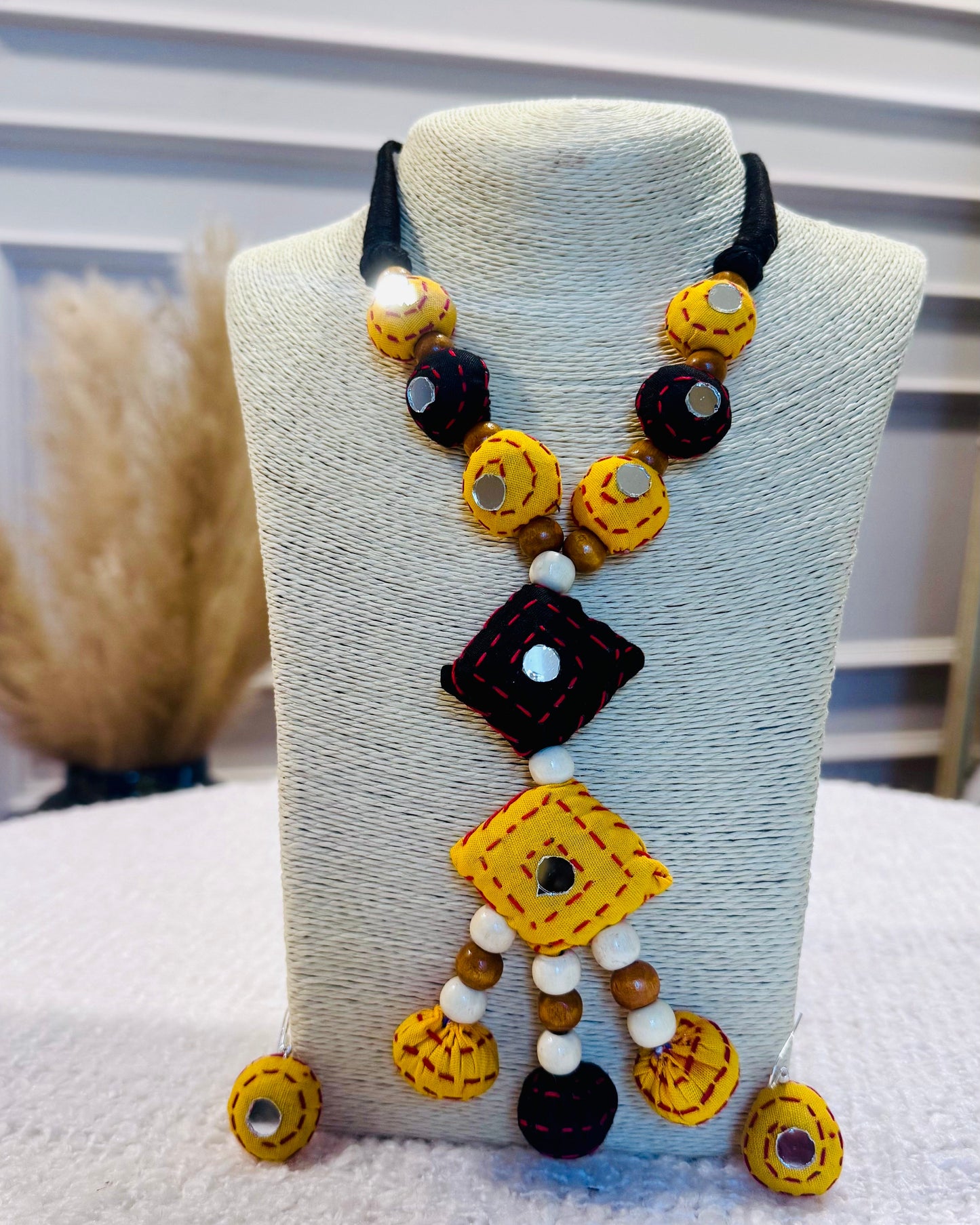 Artisan Kantha Stitch Beaded Necklace Set with Geometric Pendant