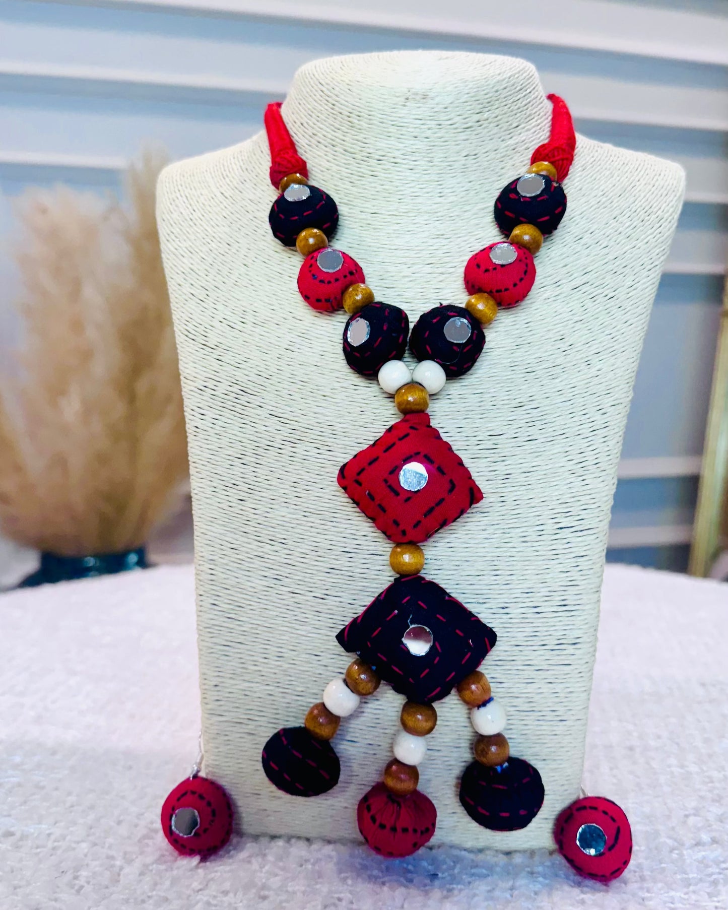 Artisan Kantha Stitch Beaded Necklace Set with Geometric Pendant