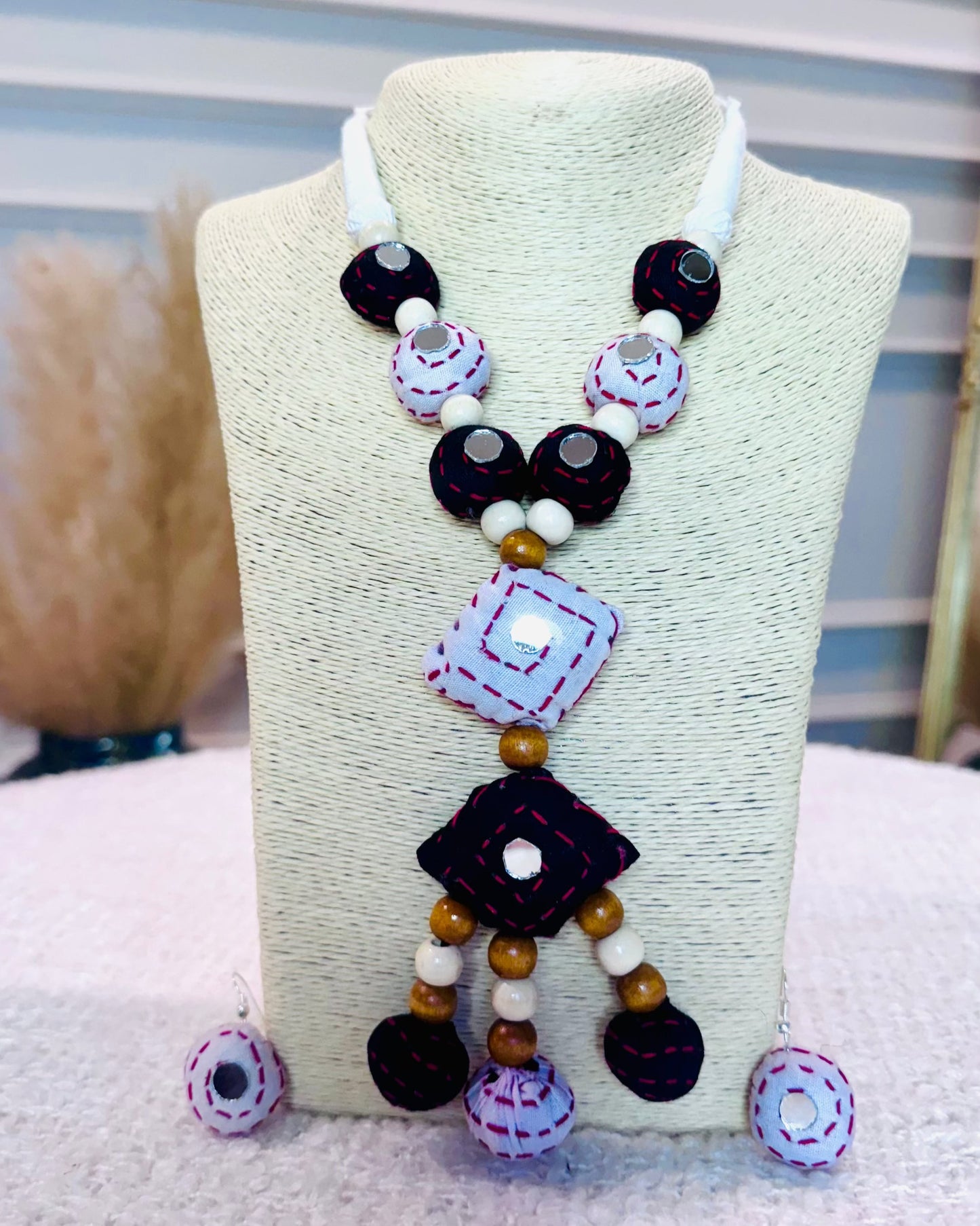 Artisan Kantha Stitch Beaded Necklace Set with Geometric Pendant
