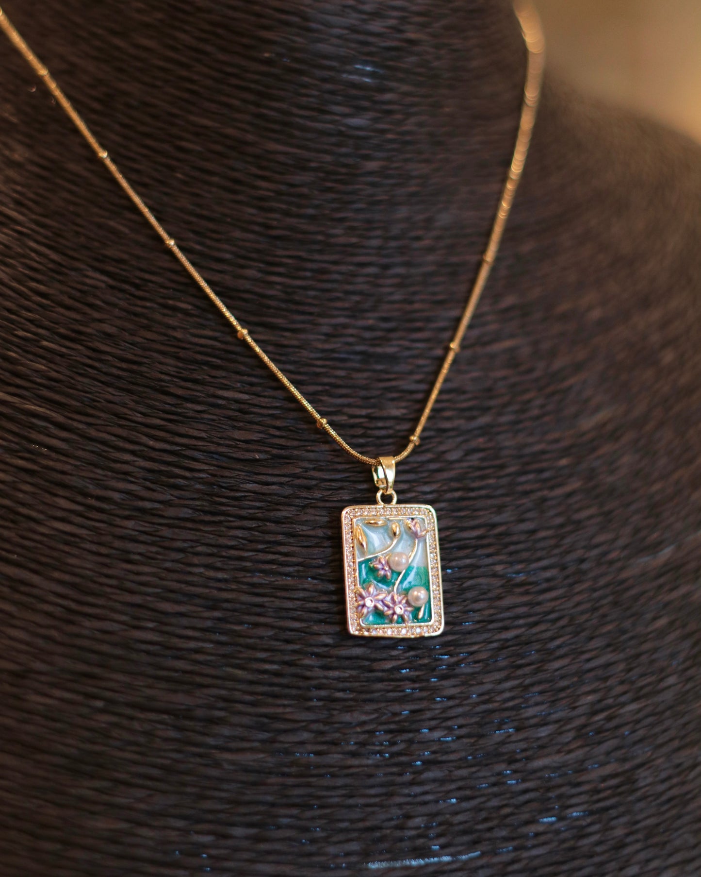 Artisan Pearl & Rhinestone Necklace with Painted Pendant