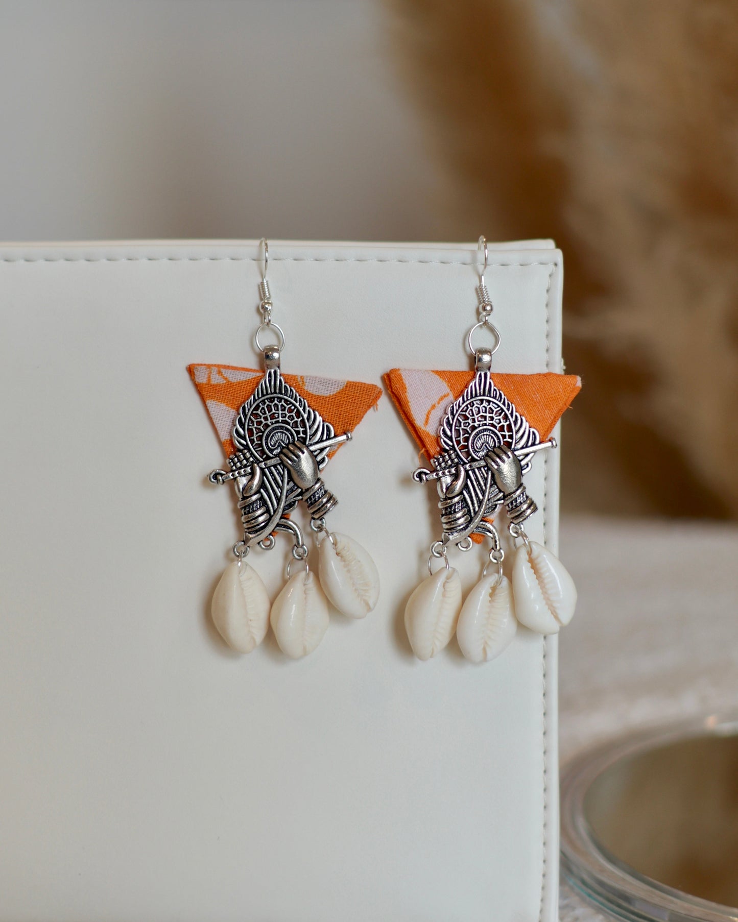 Artisan Triangle Drop Earrings with Cowrie Shell & Fabric