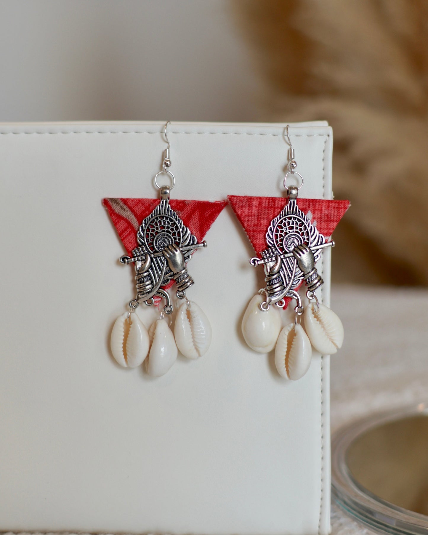 Artisan Triangle Drop Earrings with Cowrie Shell & Fabric