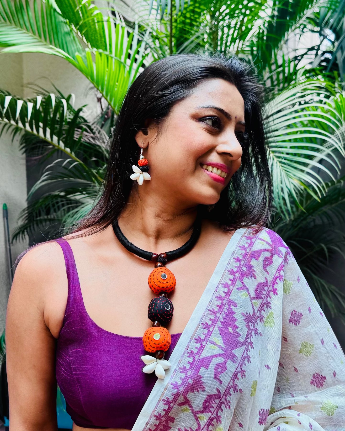 Boho Kantha Stitch Choker Necklace with Cowrie Shell Earrings