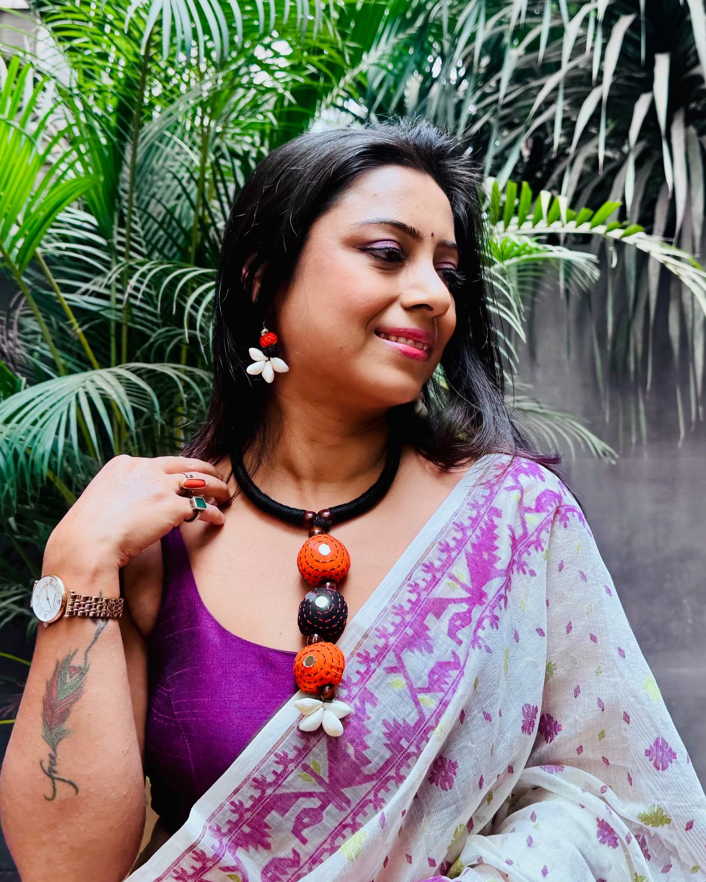 Boho Kantha Stitch Choker Necklace with Cowrie Shell Earrings