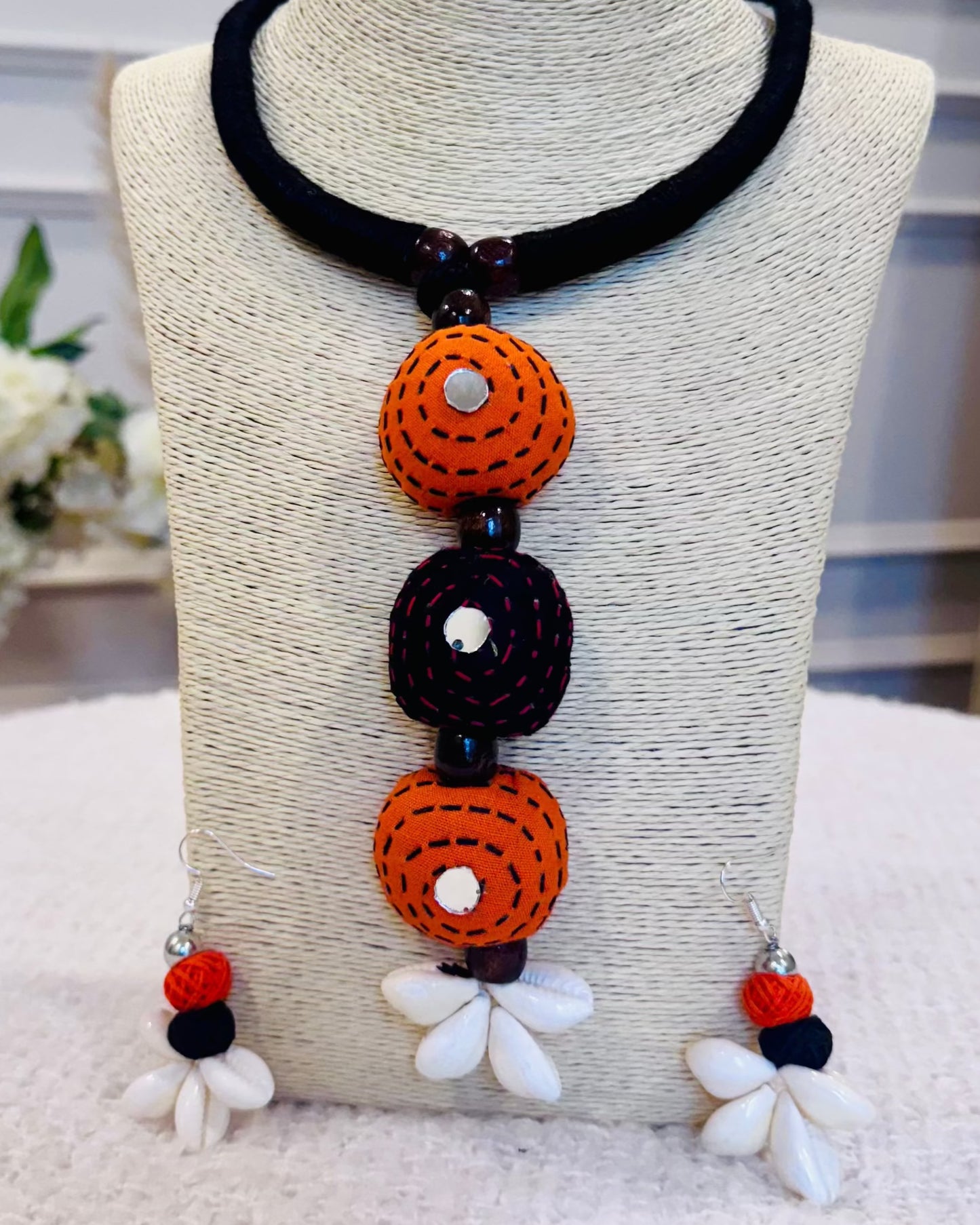 Boho Kantha Stitch Choker Necklace with Cowrie Shell Earrings