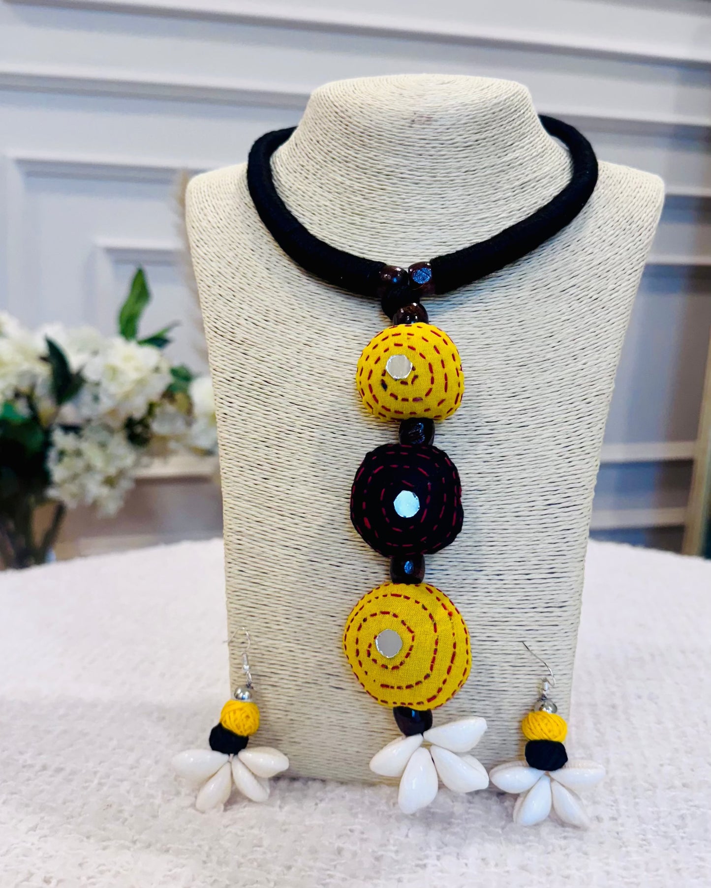 Boho Kantha Stitch Choker Necklace with Cowrie Shell Earrings