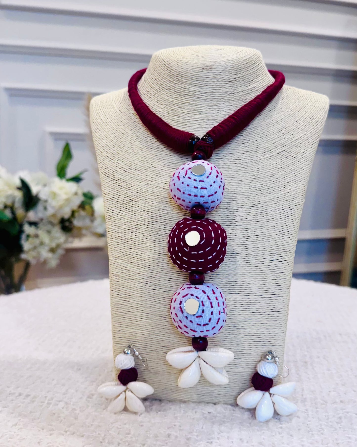 Boho Kantha Stitch Choker Necklace with Cowrie Shell Earrings