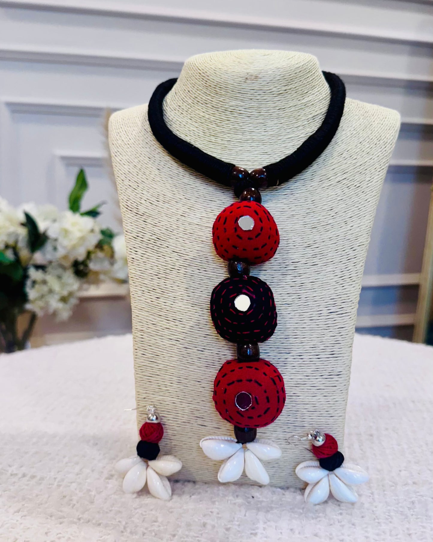 Boho Kantha Stitch Choker Necklace with Cowrie Shell Earrings