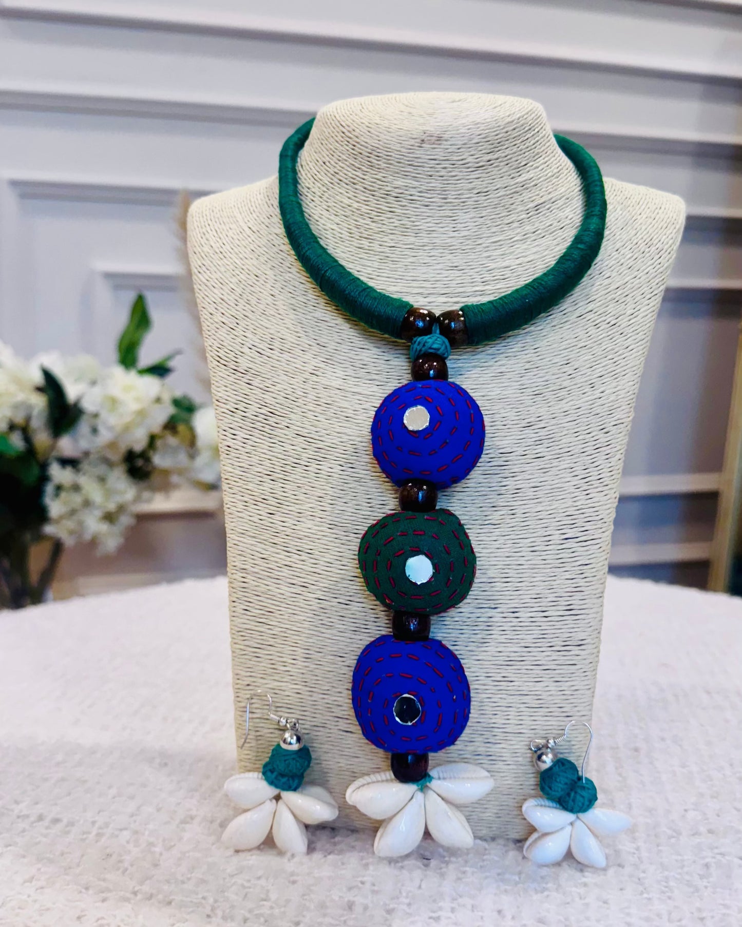 Boho Kantha Stitch Choker Necklace with Cowrie Shell Earrings