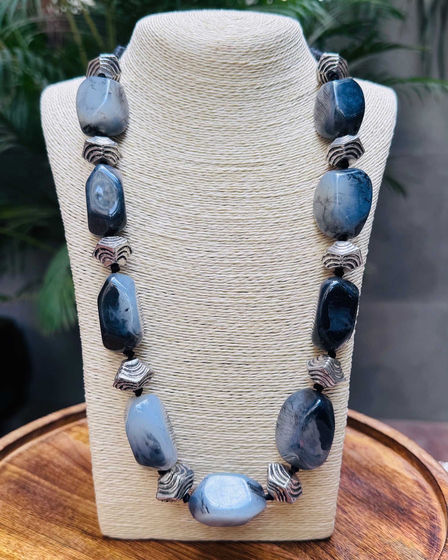 Chunky Gray Agate Bead Necklace with Matching Earrings