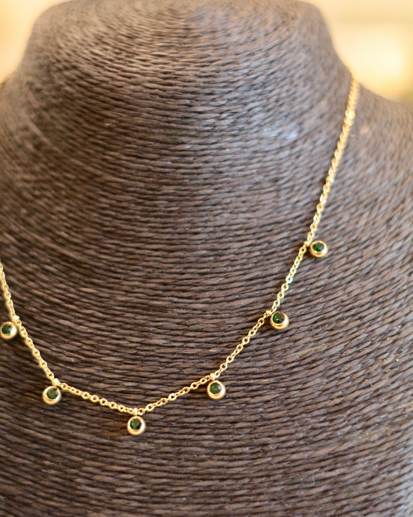 Dainty Gold Chain Necklace with Green Gemstone Accents