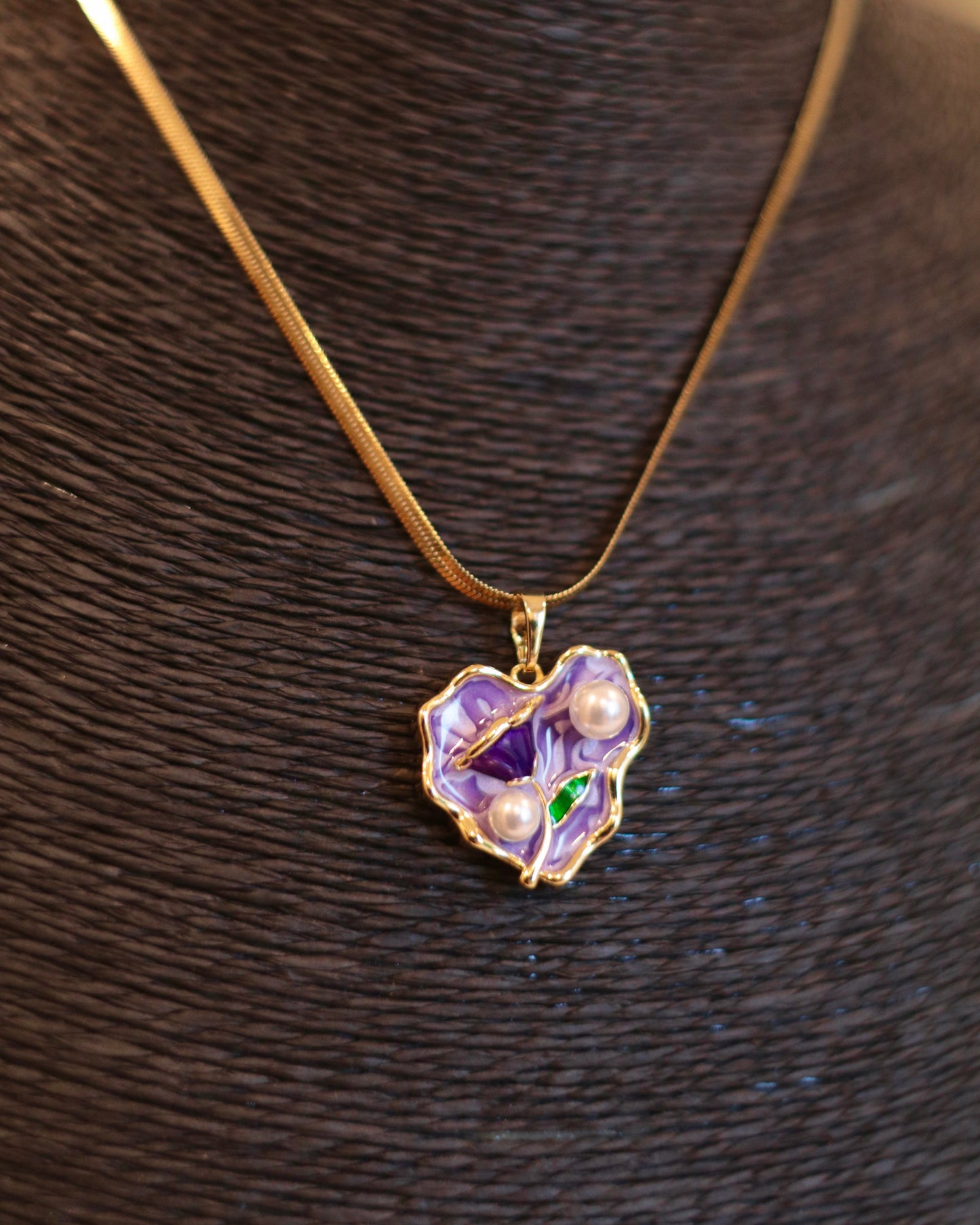 Dainty Gold Necklace with Purple Heart, Pearl & Green Accent