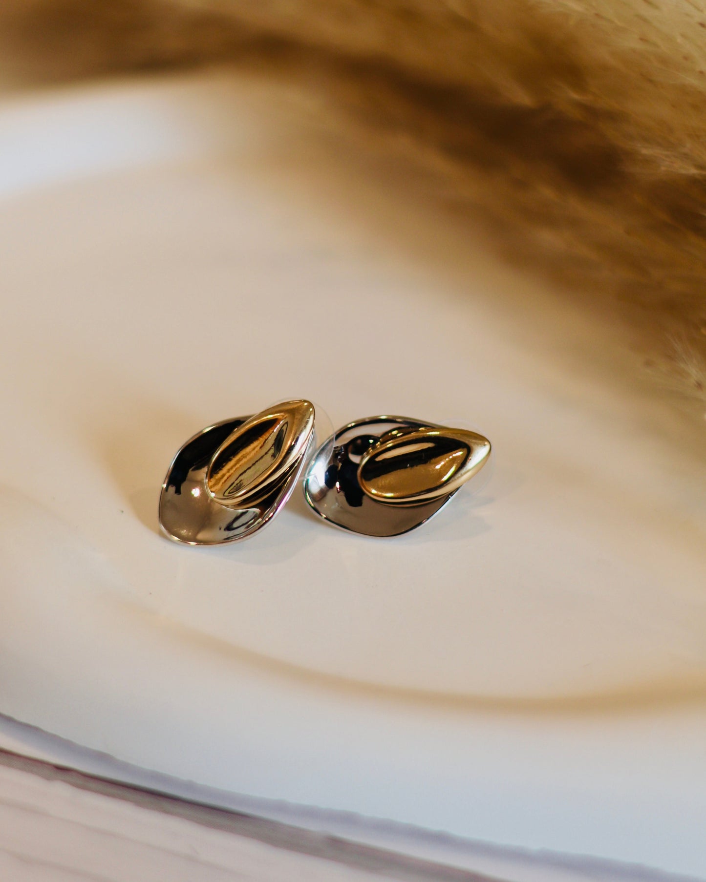 Dual Tone Modern Textured Leaf-Shaped Earrings
