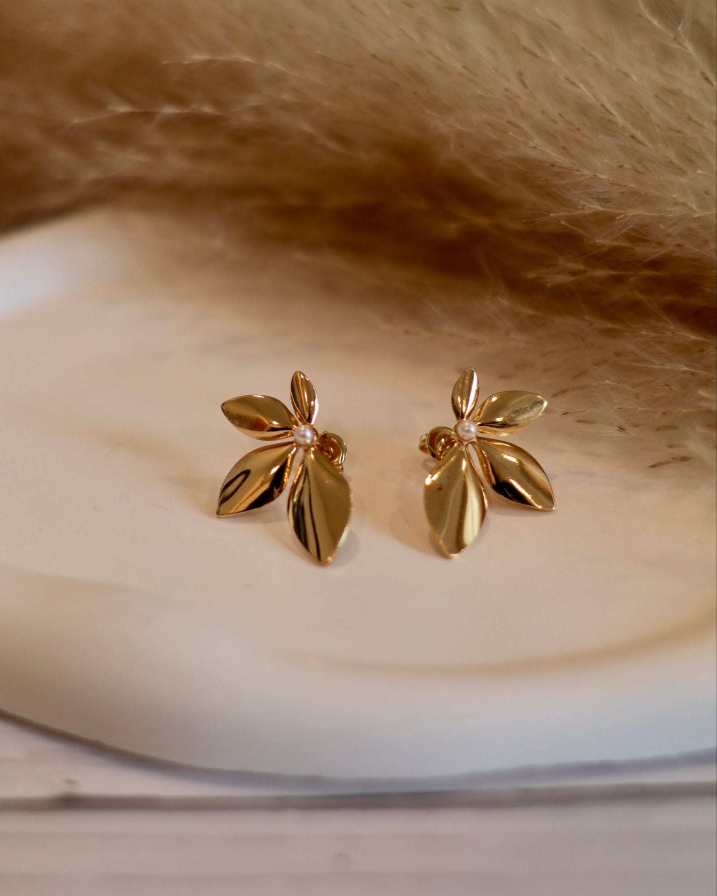 Elegant Gold Floral Studs with Clear Gemstone - Set of 3