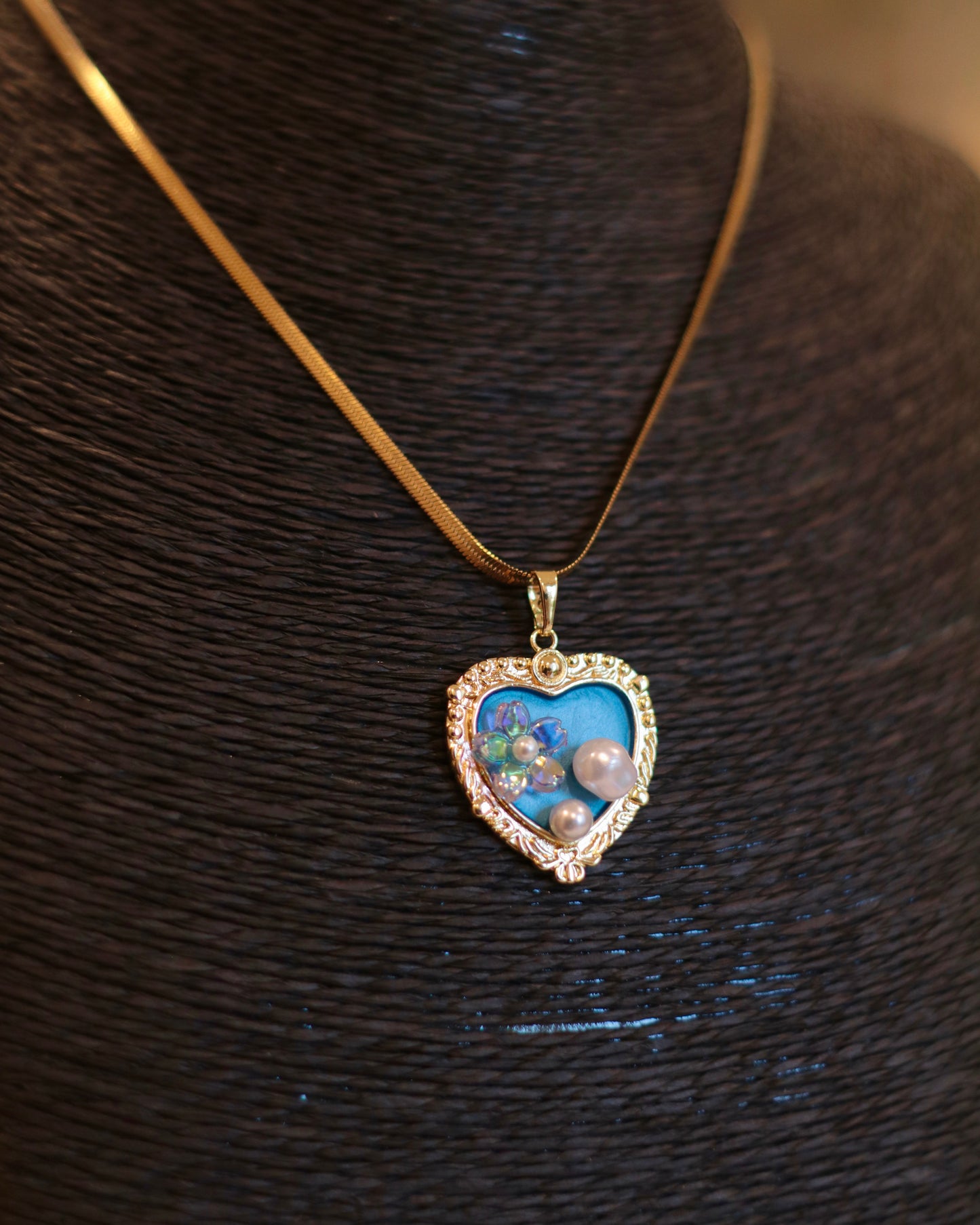 Elegant Gold Herringbone Necklace with Hand-Painted Blue Heart Pendant