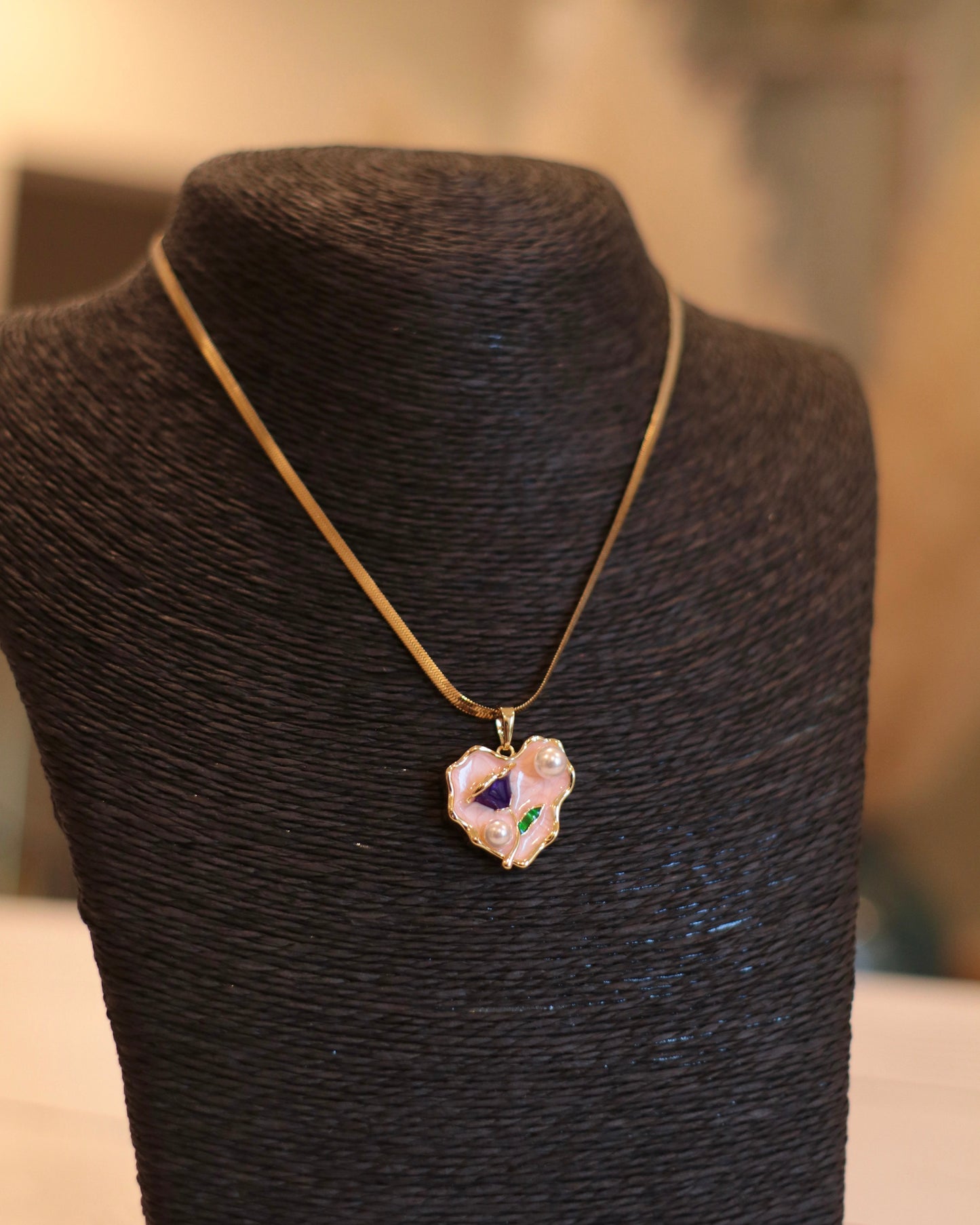 Elegant Gold Herringbone Necklace with Hand-Painted Pink Heart Pendant