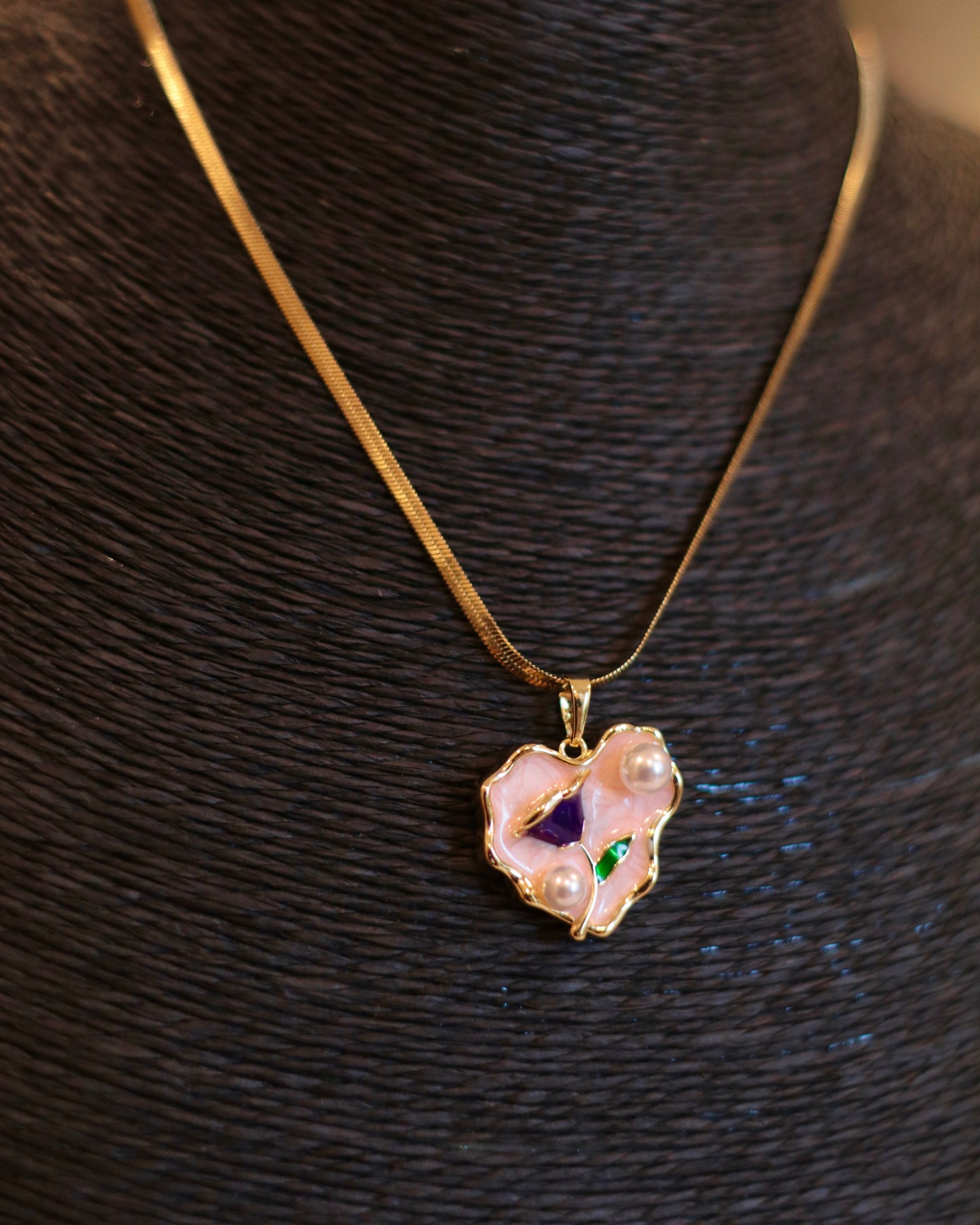 Elegant Gold Herringbone Necklace with Hand-Painted Pink Heart Pendant