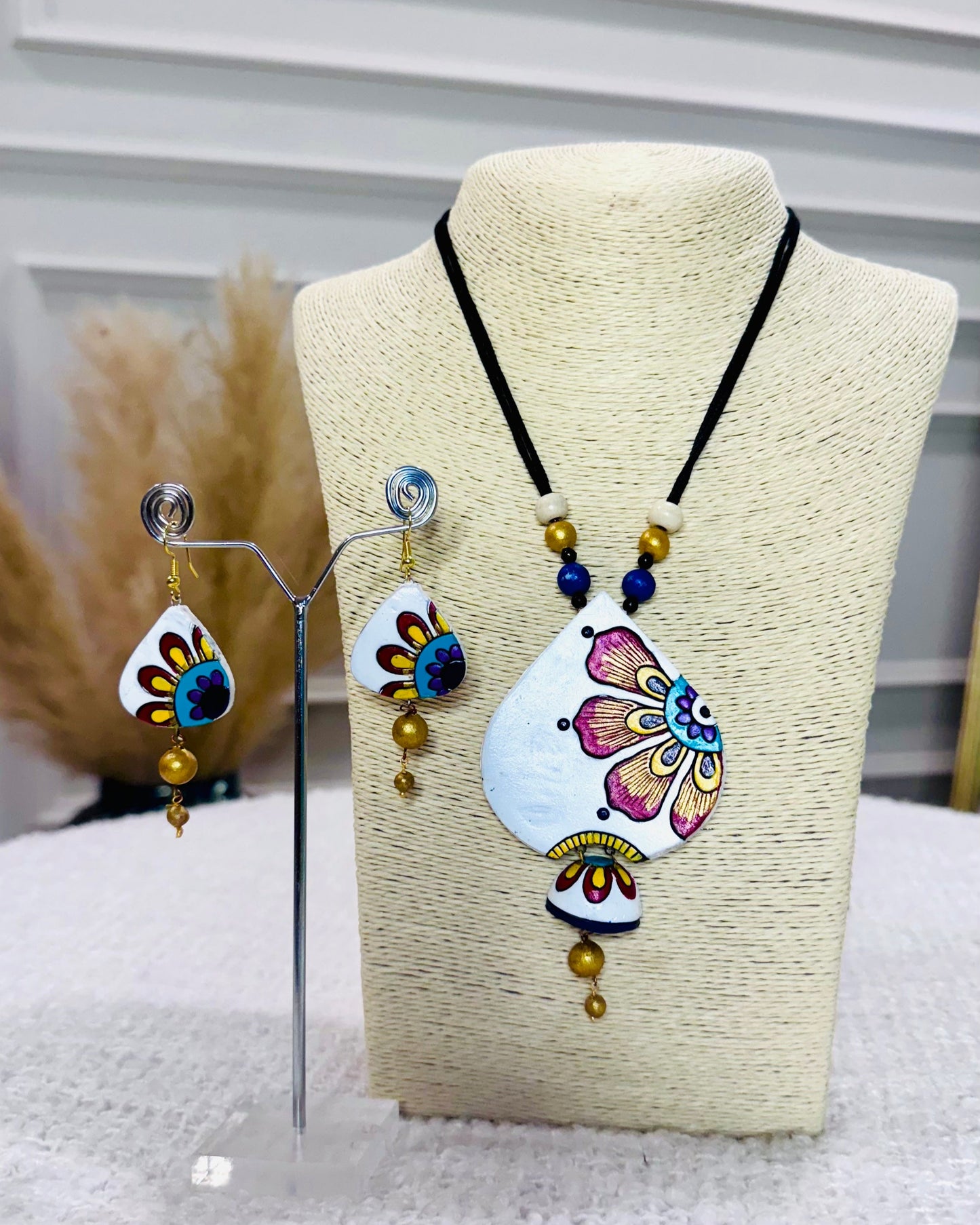 Hand-Painted Terracotta Floral Necklace & Earrings Set