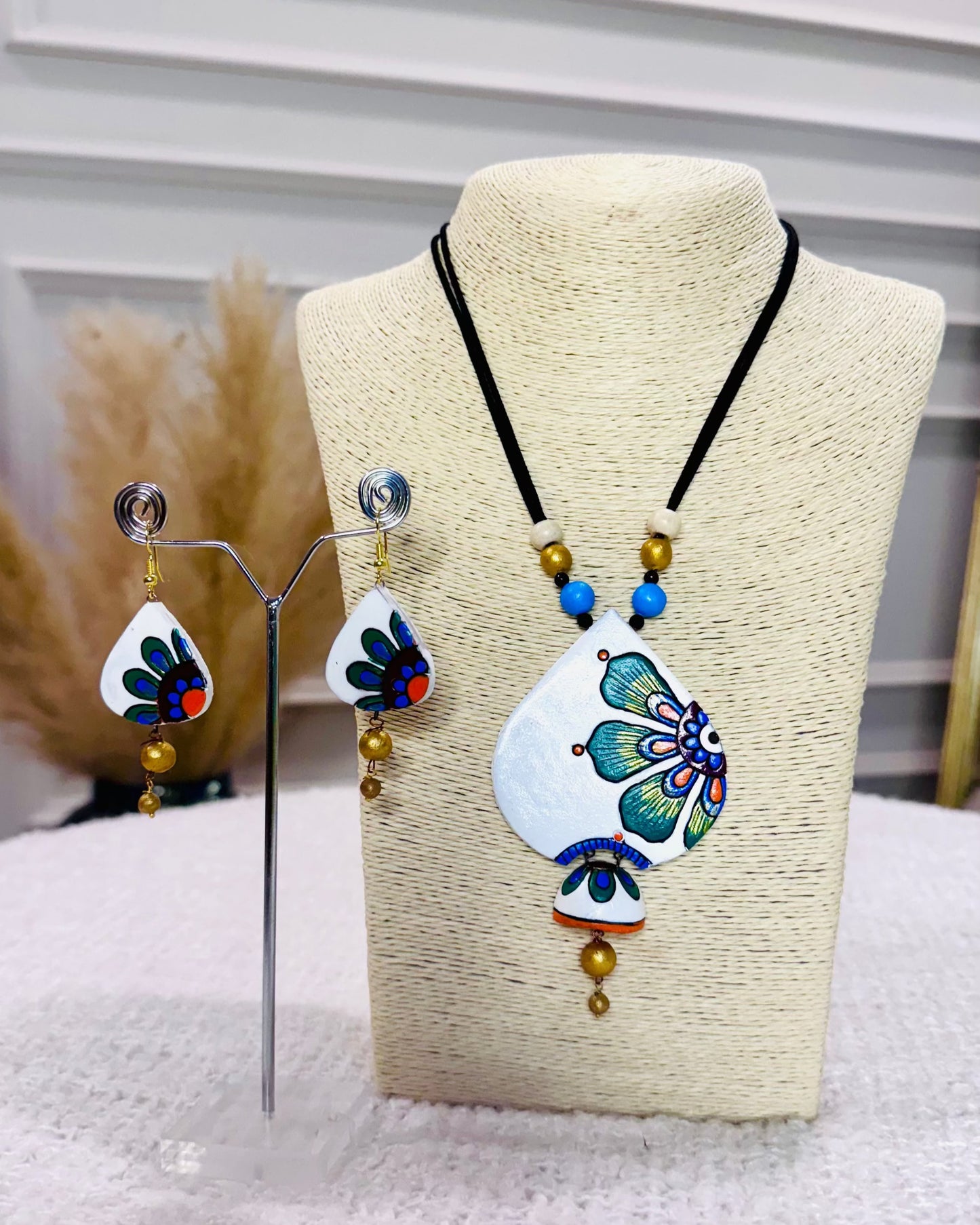 Hand-Painted Terracotta Floral Necklace & Earrings Set
