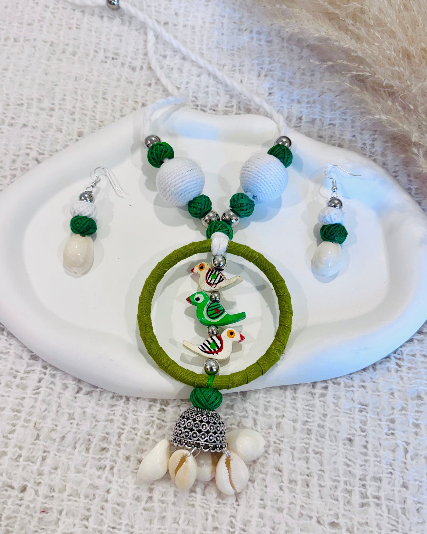 Handcrafted Bird & Cowrie Necklace with Matching Earrings