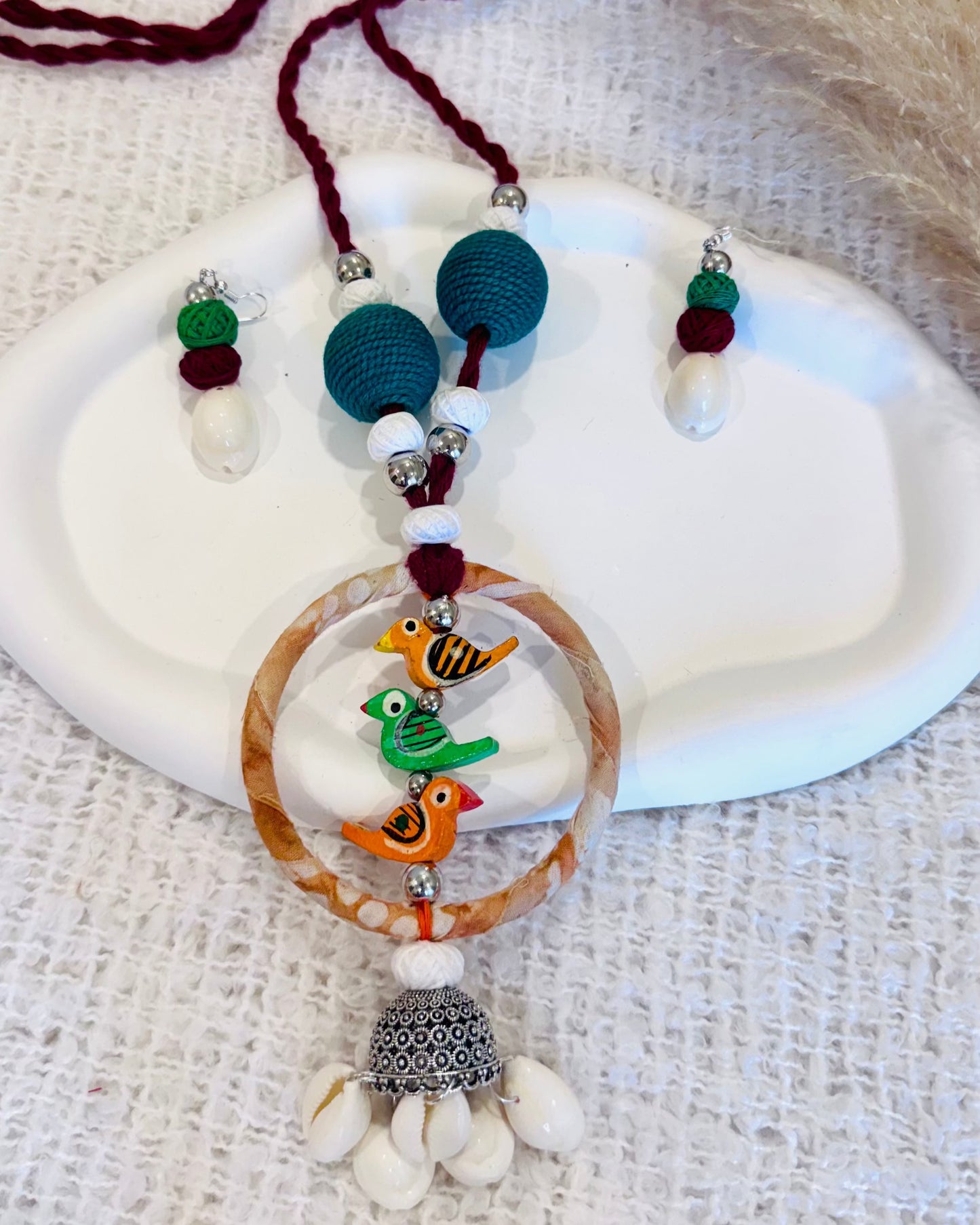 Handcrafted Bird & Cowrie Necklace with Matching Earrings