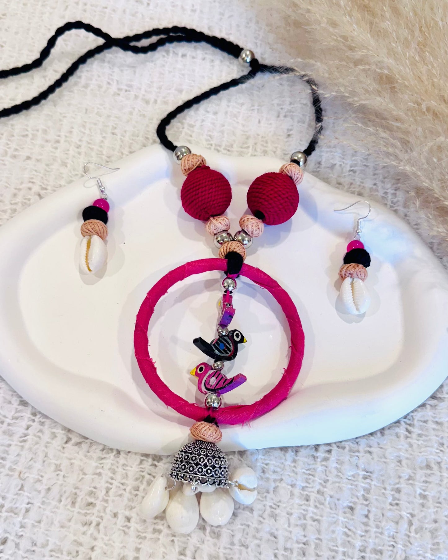 Handcrafted Bird & Cowrie Necklace with Matching Earrings