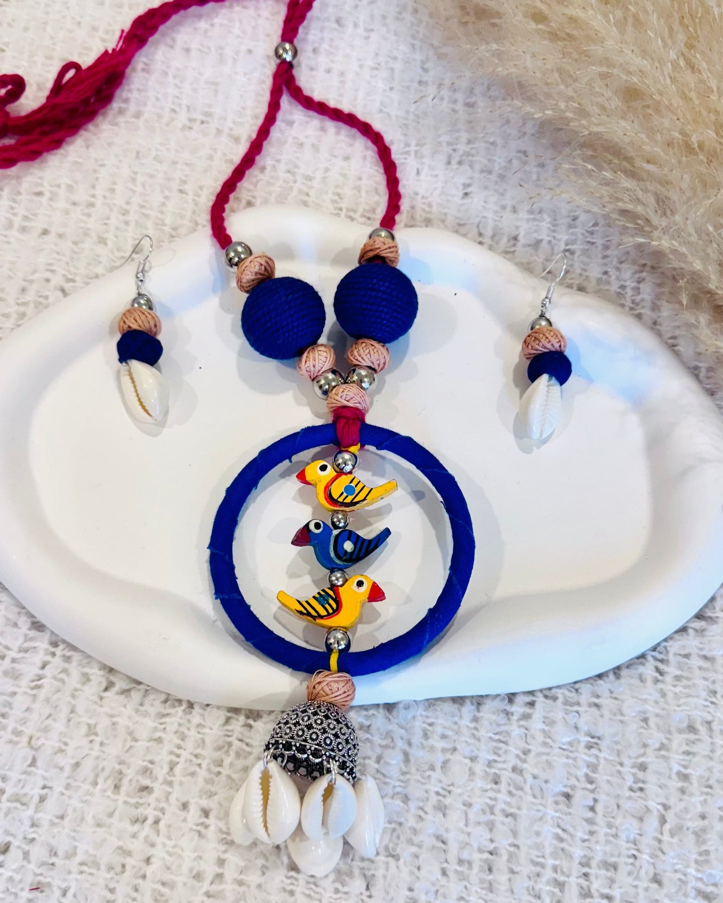 Handcrafted Bird & Cowrie Necklace with Matching Earrings