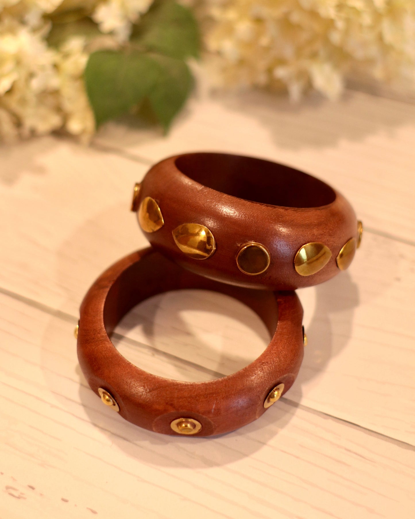 Handcrafted Brown Wooden Bangles with Brass Charms (Set of 2)