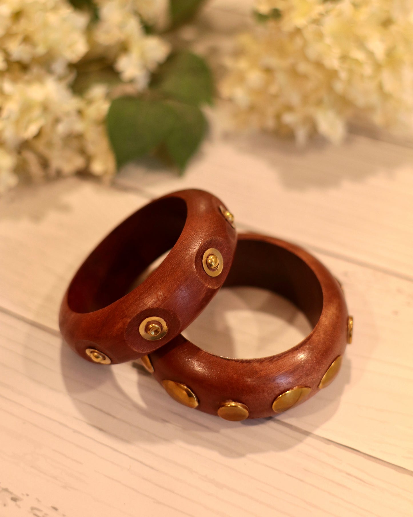 Handcrafted Brown Wooden Bangles with Brass Charms (Set of 2)