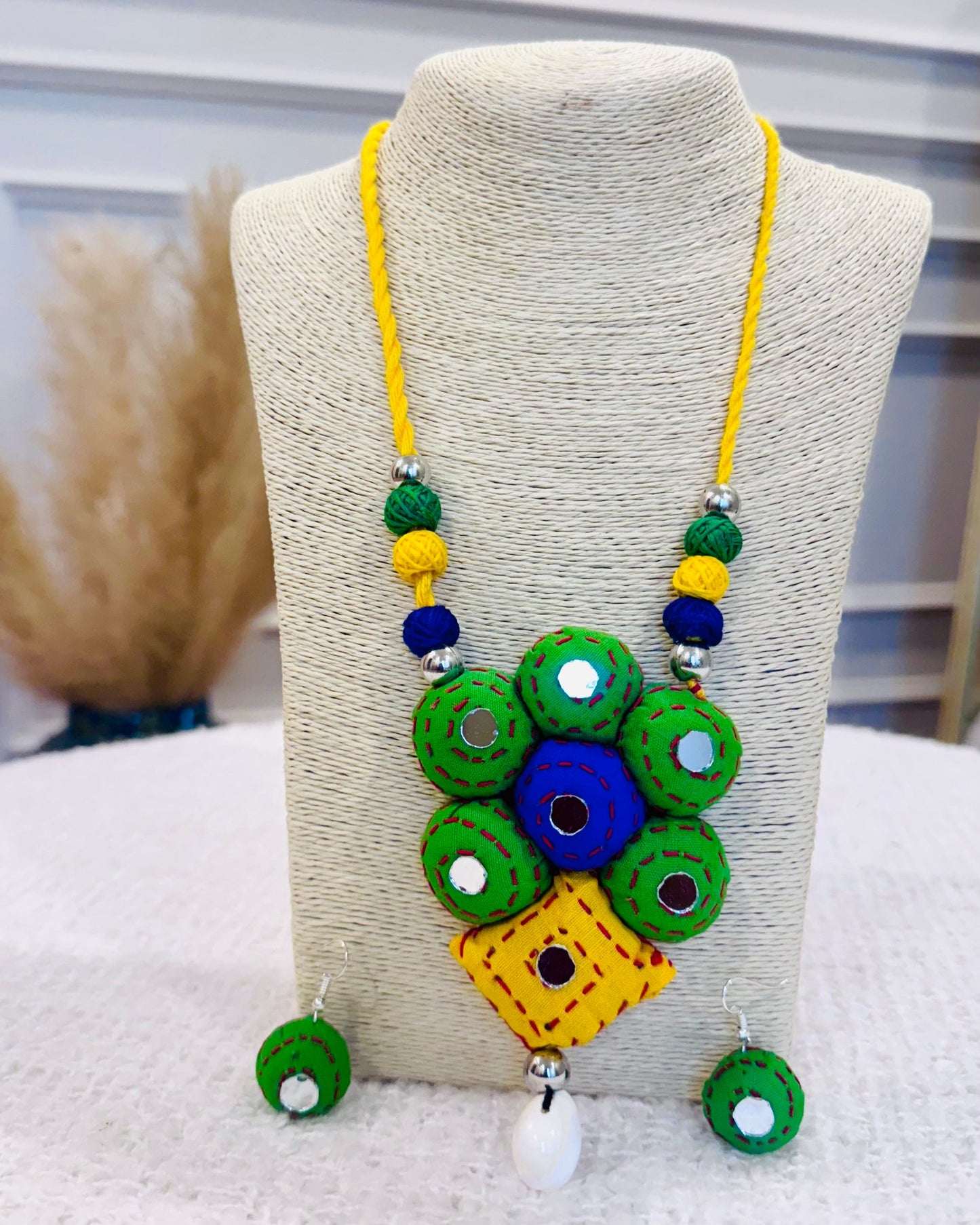 Handcrafted Kantha Stitch Fabric Necklace with Matching Earrings - Occean By Soumali