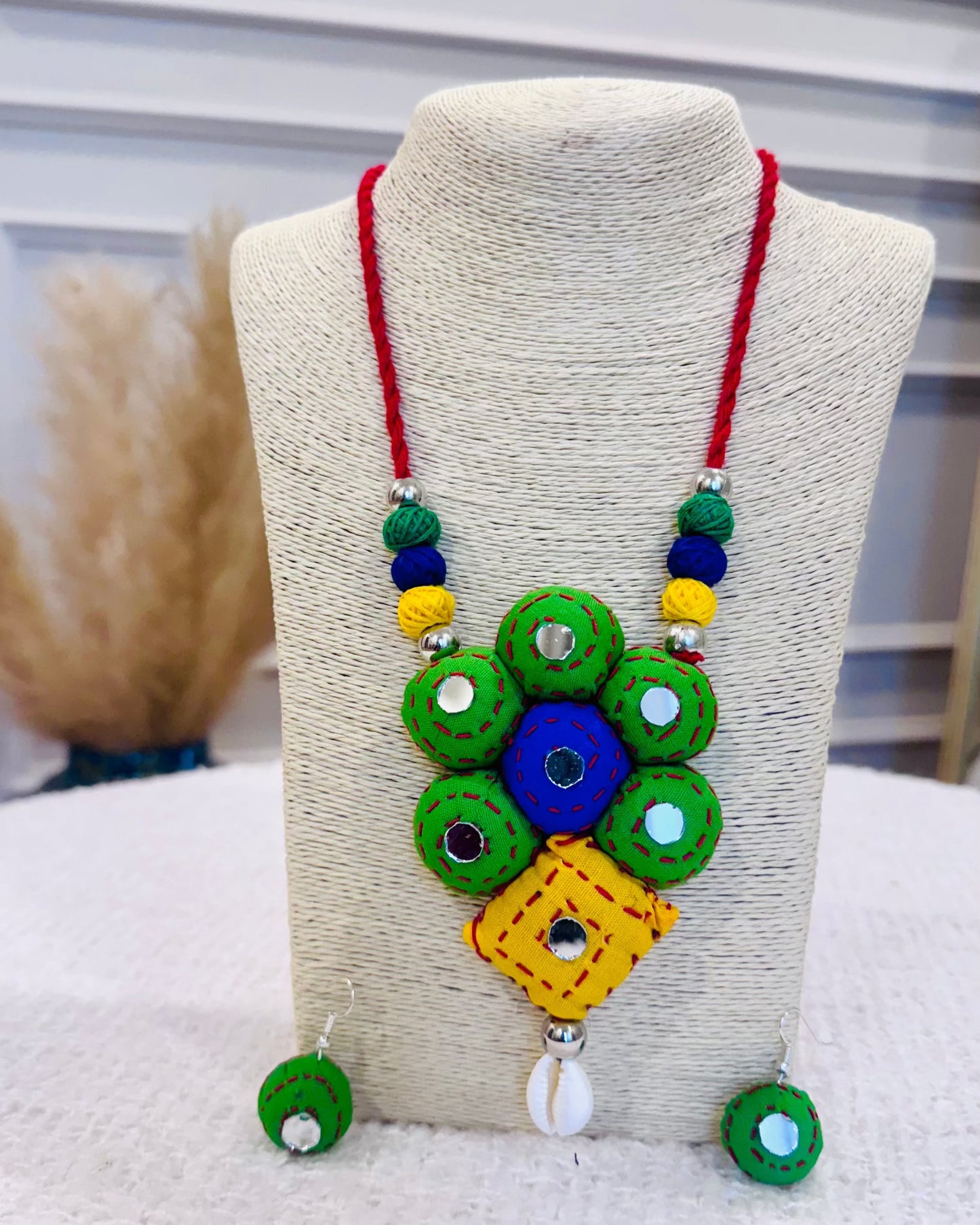 Handcrafted Kantha Stitch Fabric Necklace with Matching Earrings - Occean By Soumali