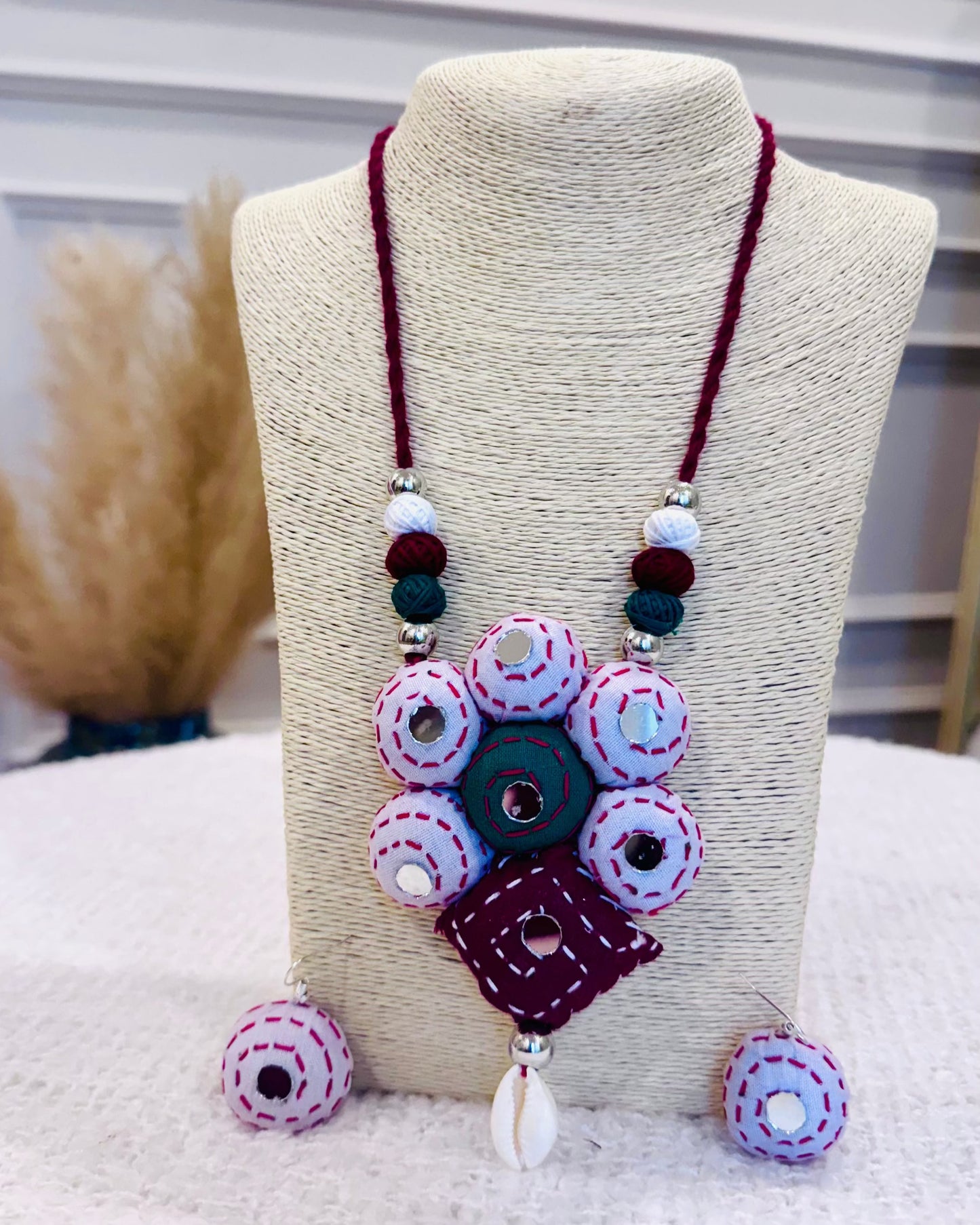 Handcrafted Kantha Stitch Fabric Necklace with Matching Earrings - Occean By Soumali