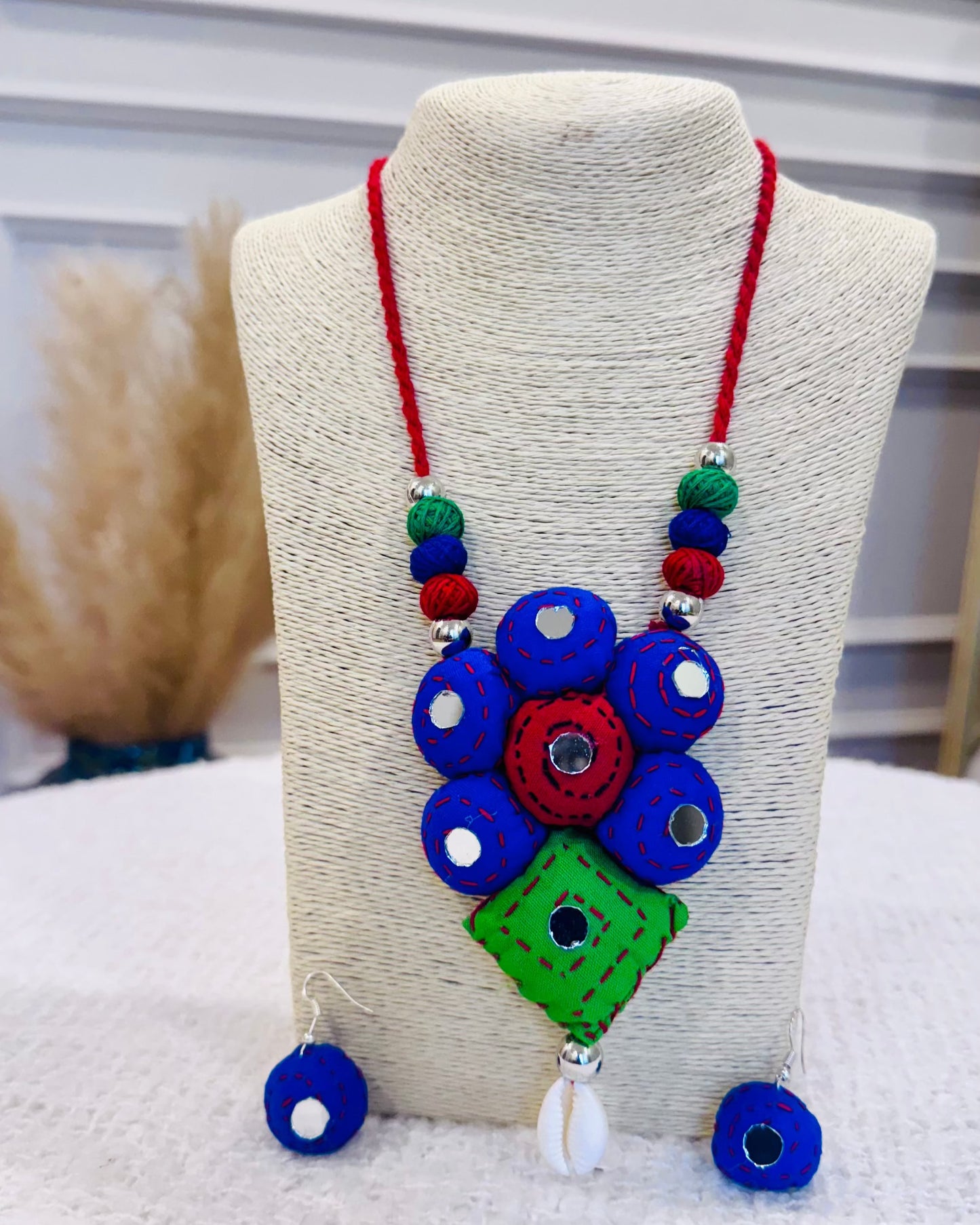 Handcrafted Kantha Stitch Fabric Necklace with Matching Earrings - Occean By Soumali