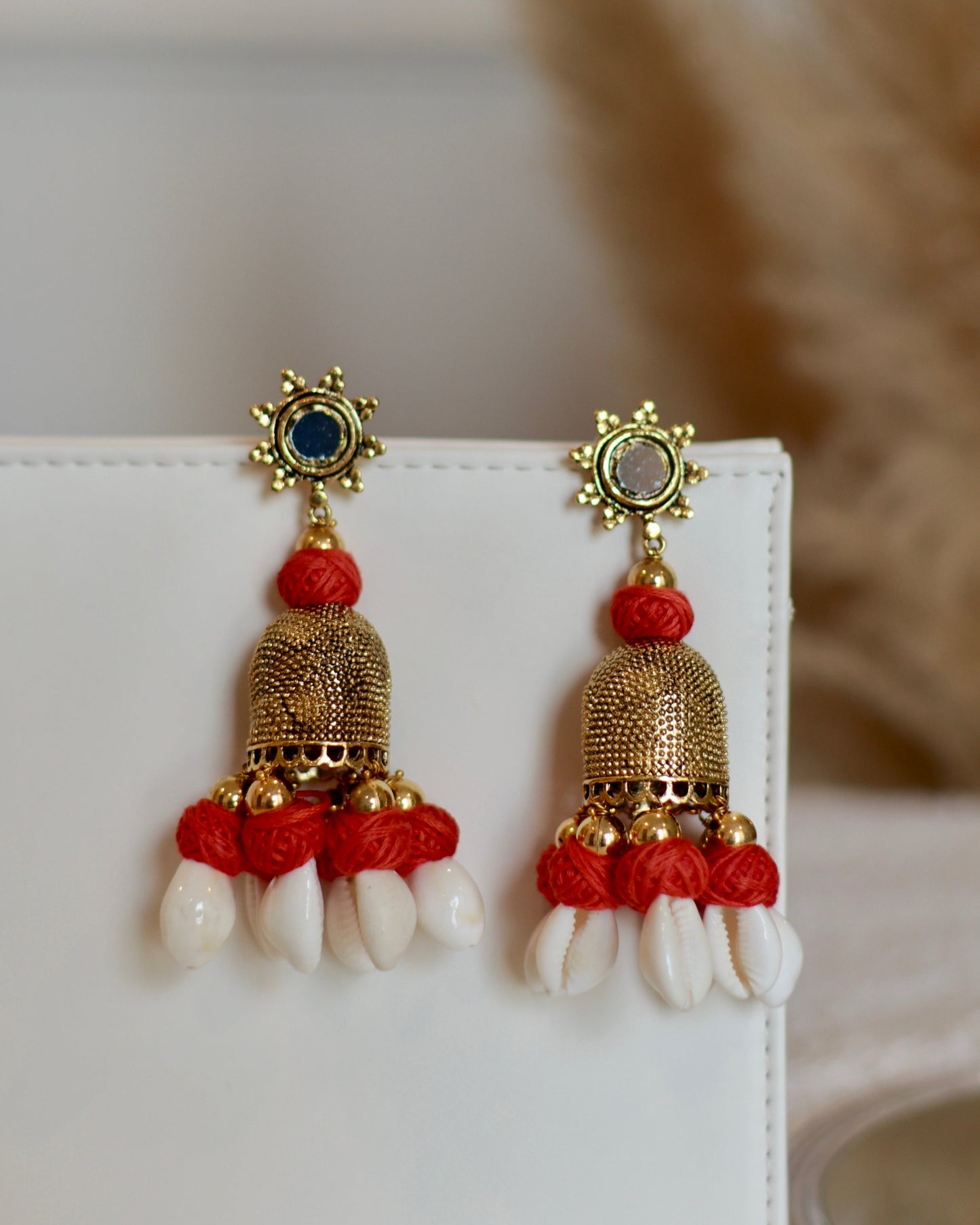 Handcrafted Mirror and Bell Earrings with Thread & Cowrie