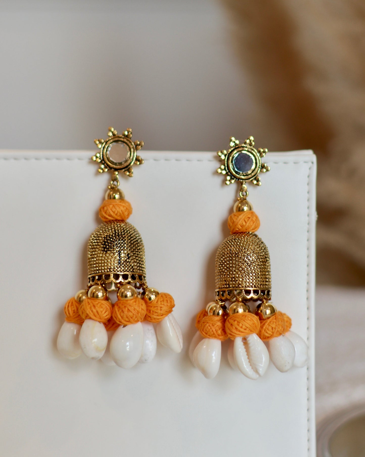 Handcrafted Mirror and Bell Earrings with Thread & Cowrie