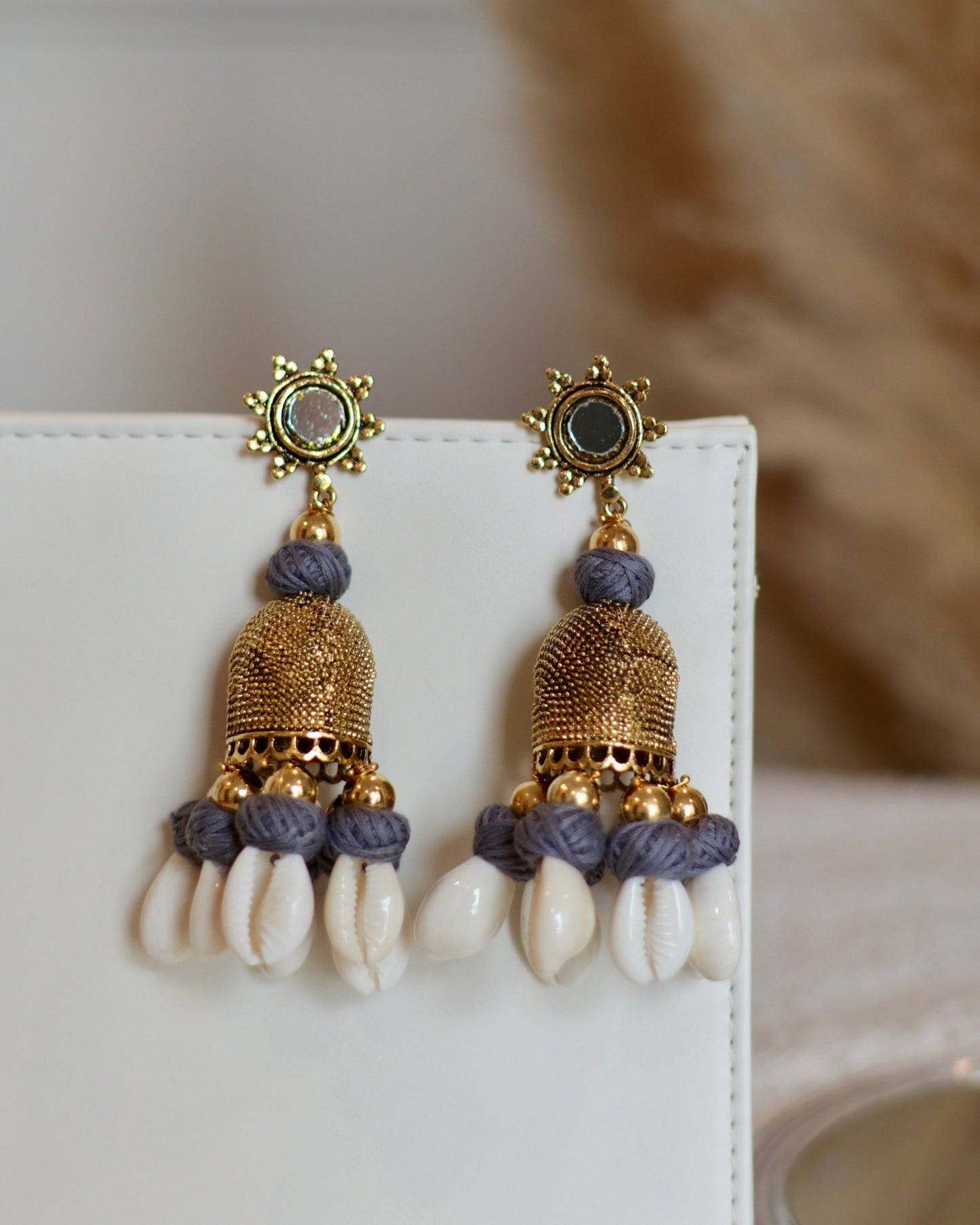 Handcrafted Mirror and Bell Earrings with Thread & Cowrie