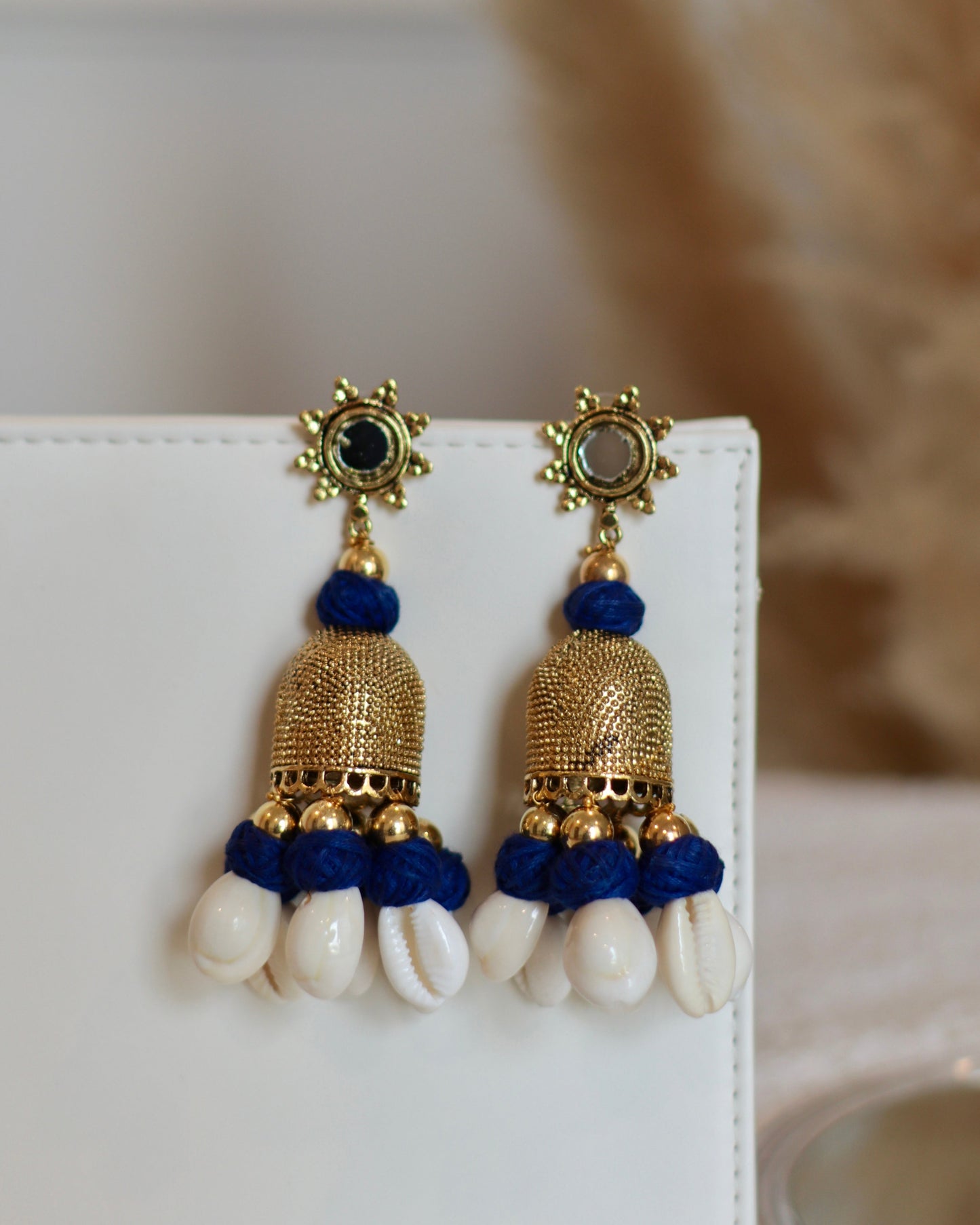 Handcrafted Mirror and Bell Earrings with Thread & Cowrie