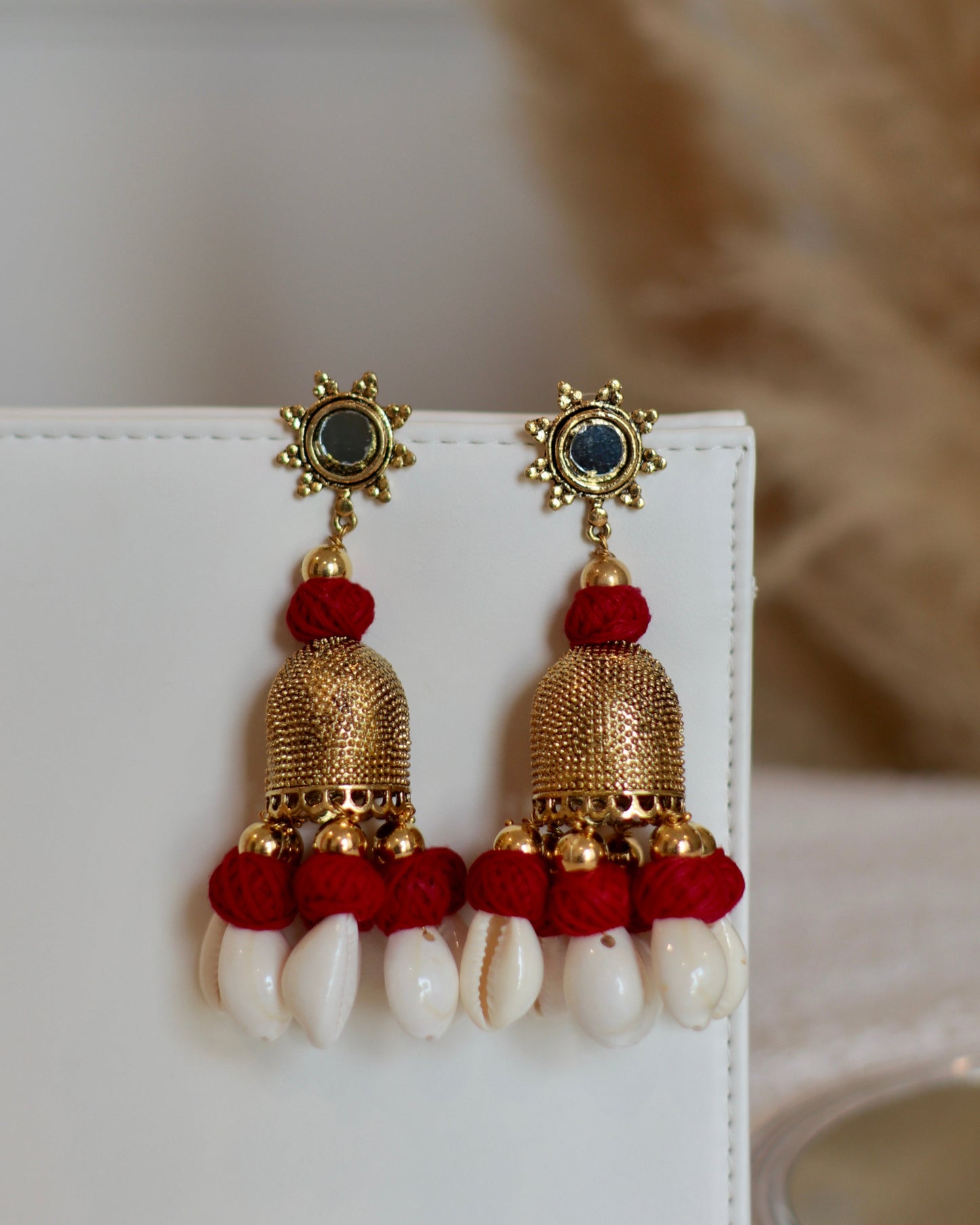 Handcrafted Mirror and Bell Earrings with Thread & Cowrie