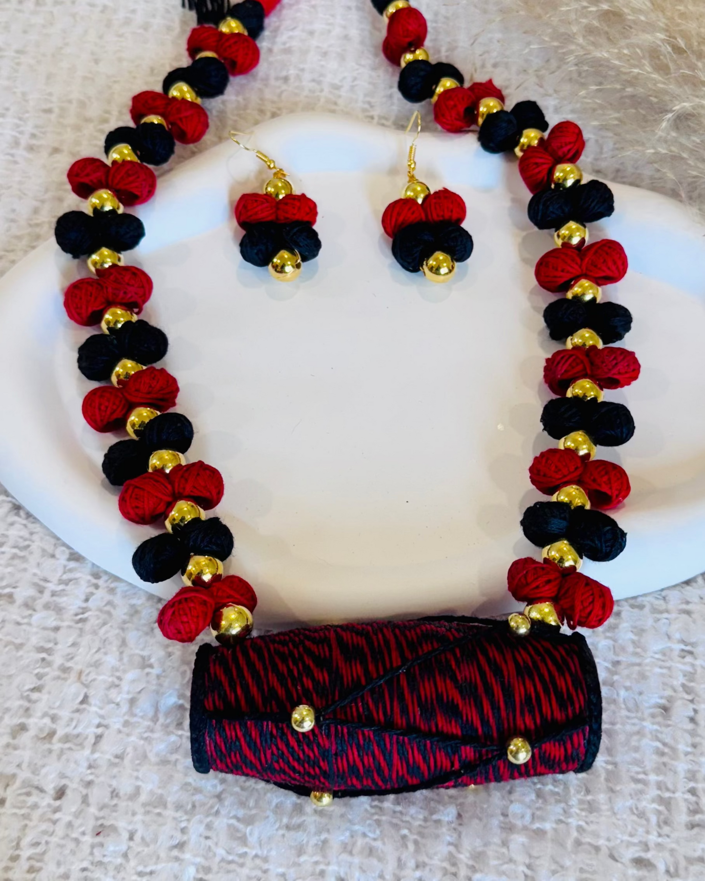 Handcrafted Statement Bengali Style Dhol Necklace with Matching Earrings