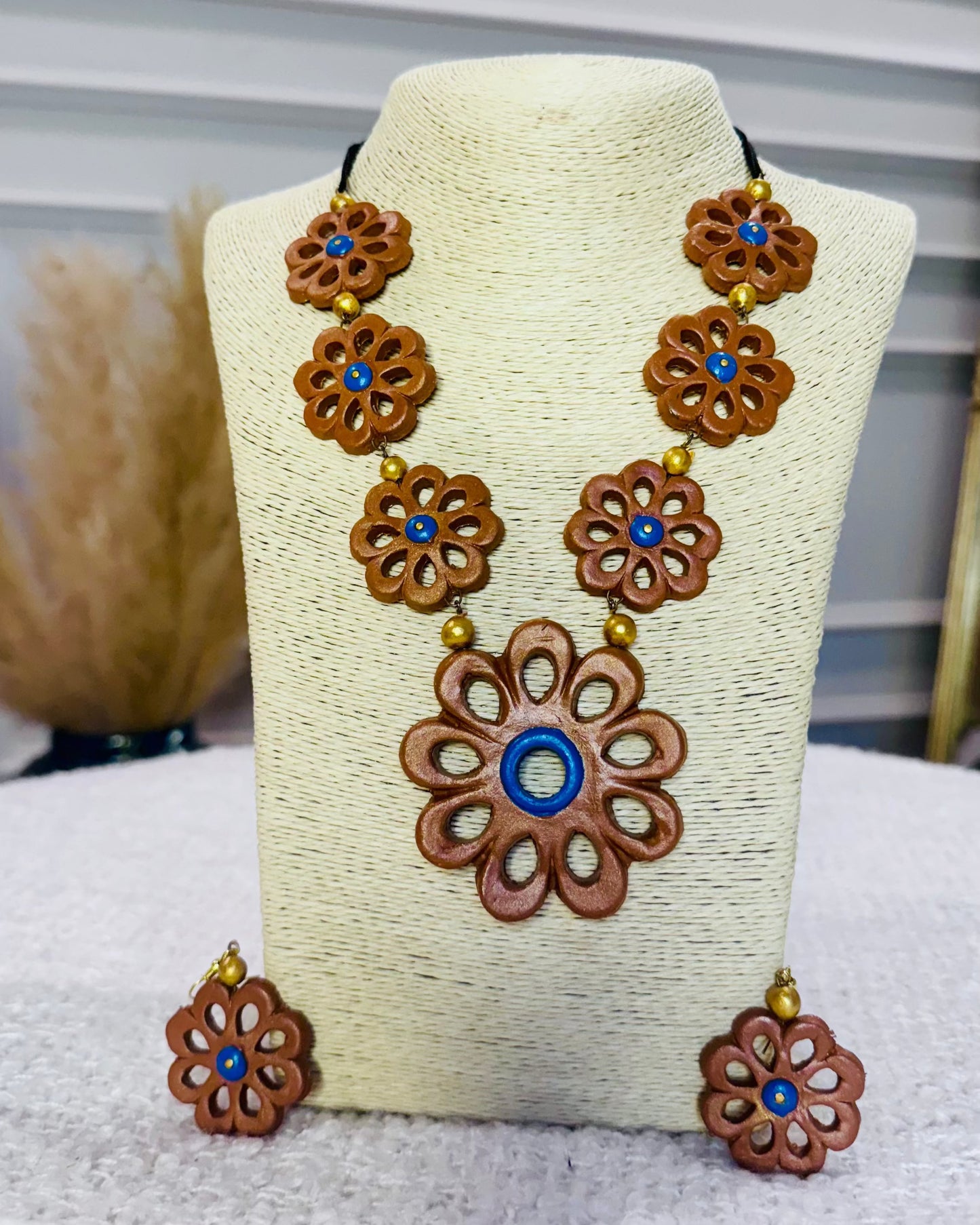 Handcrafted Terracotta Flower Necklace & Earrings Set