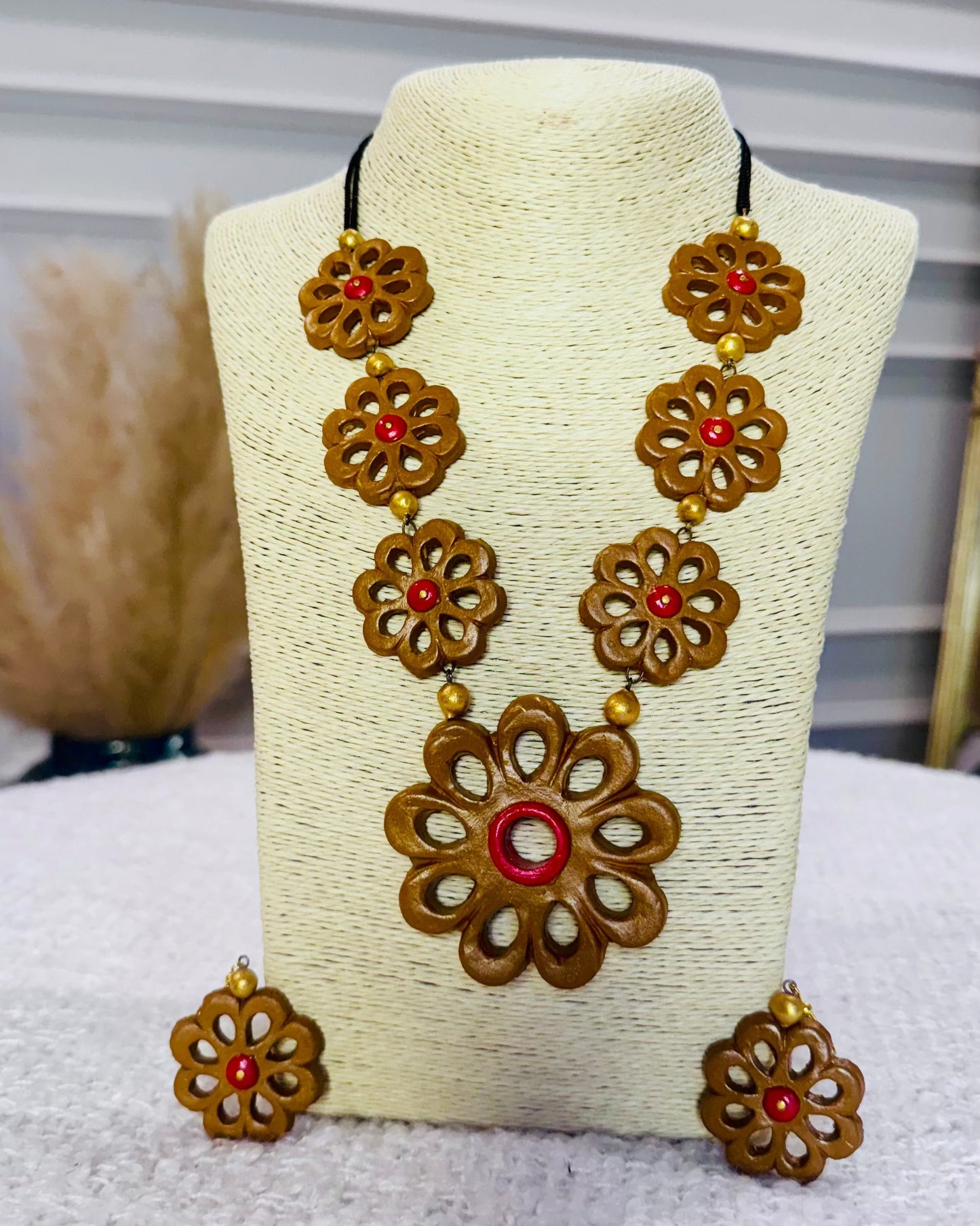 Handcrafted Terracotta Flower Necklace & Earrings Set