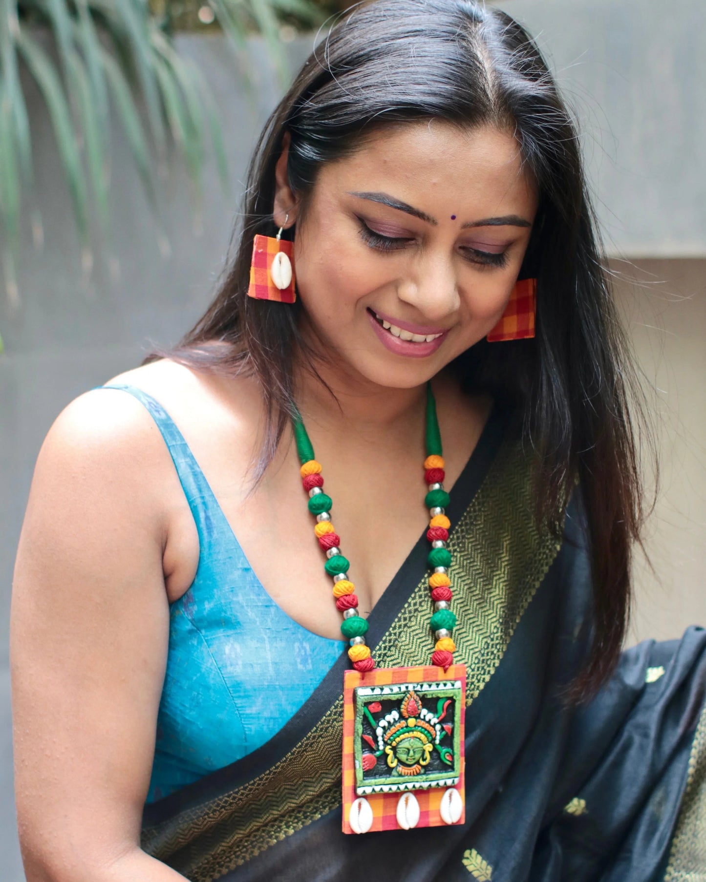 Handcrafted Thread Terracotta Maa Durga Cowrie Shell & Bead Bengali Traditional Necklace Set