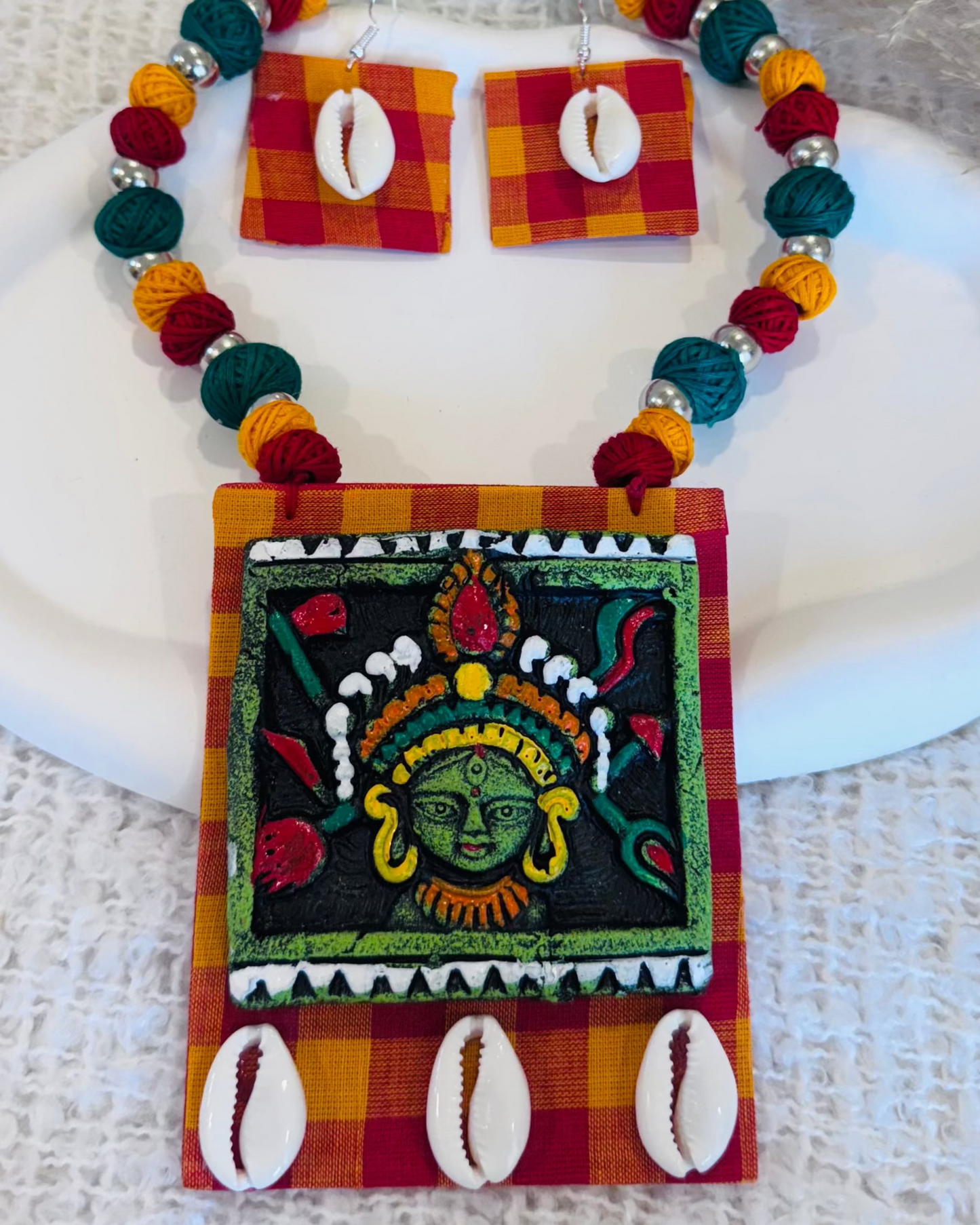 Handcrafted Thread Terracotta Maa Durga Cowrie Shell & Bead Bengali Traditional Necklace Set