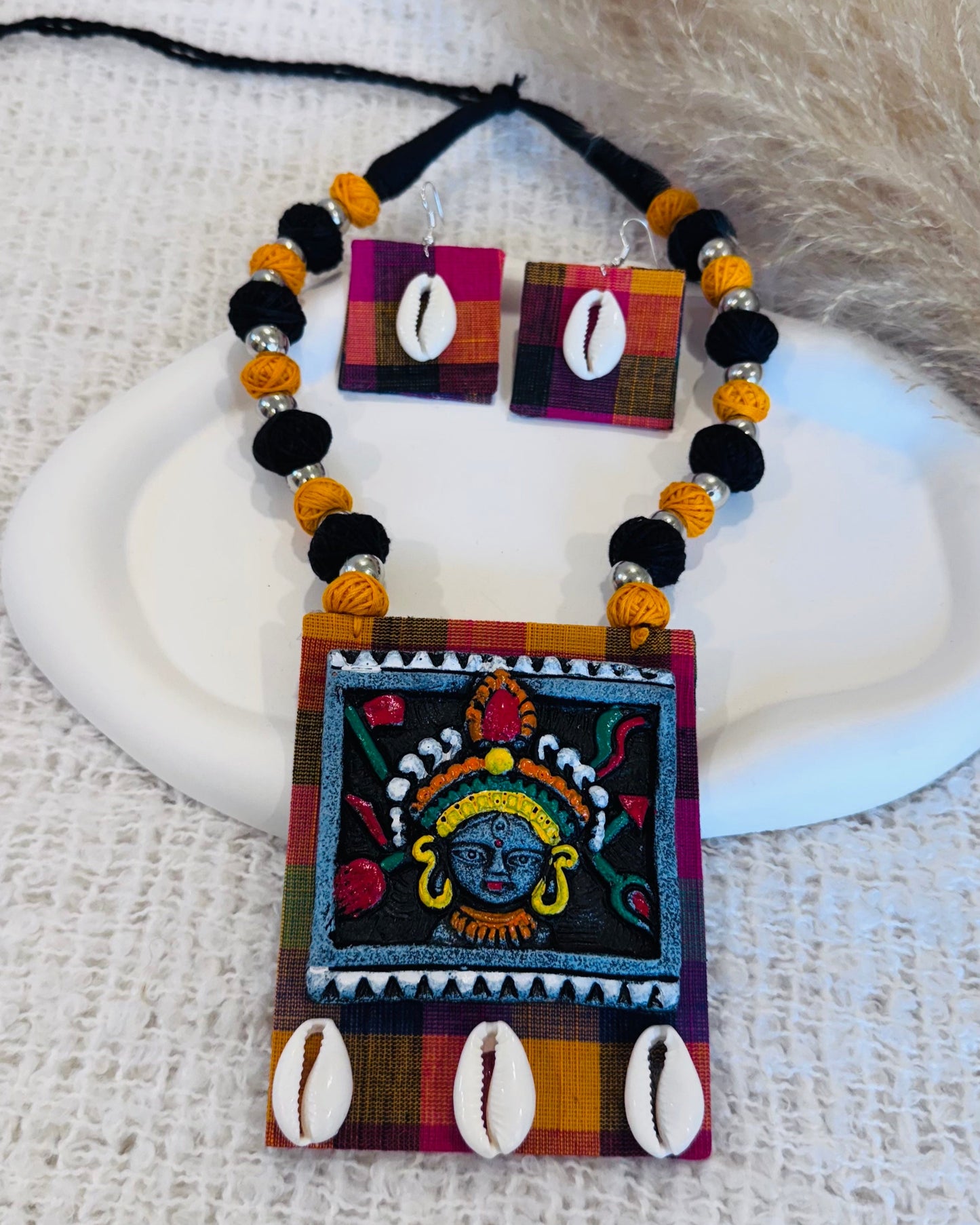 Handcrafted Thread Terracotta Maa Durga Cowrie Shell & Bead Bengali Traditional Necklace Set