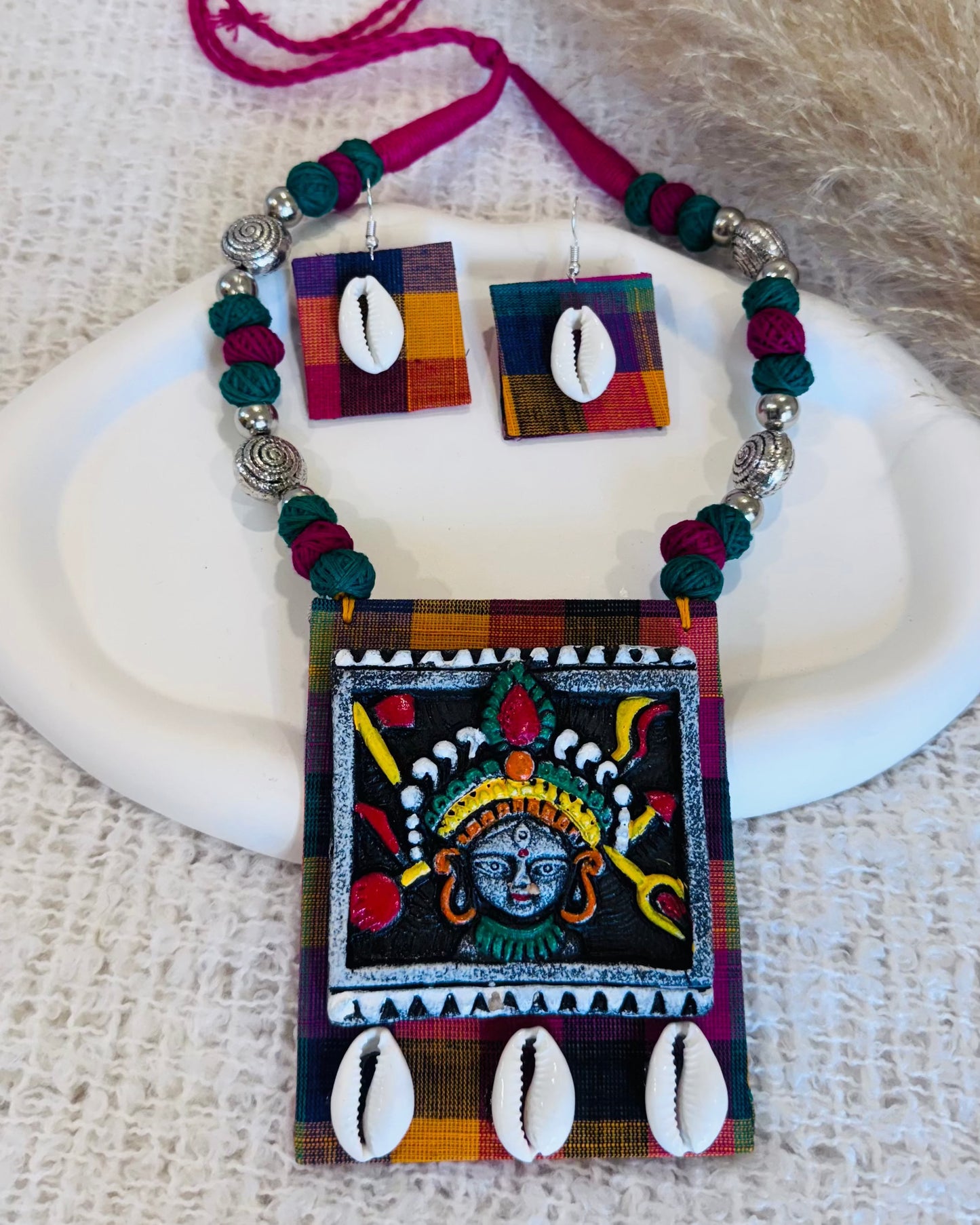 Handcrafted Thread Terracotta Maa Durga Cowrie Shell & Bead Bengali Traditional Necklace Set