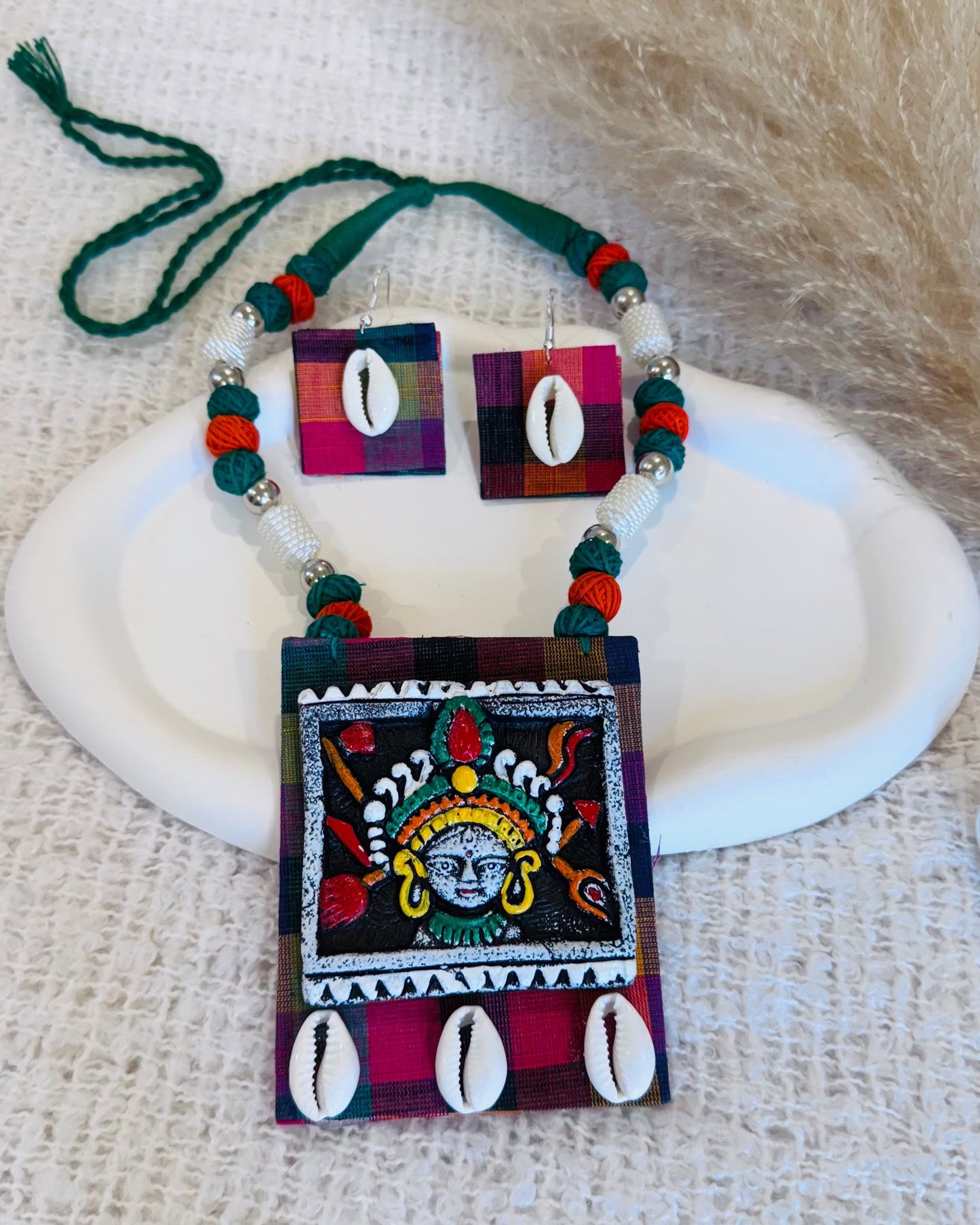 Handcrafted Thread Terracotta Maa Durga Cowrie Shell & Bead Bengali Traditional Necklace Set