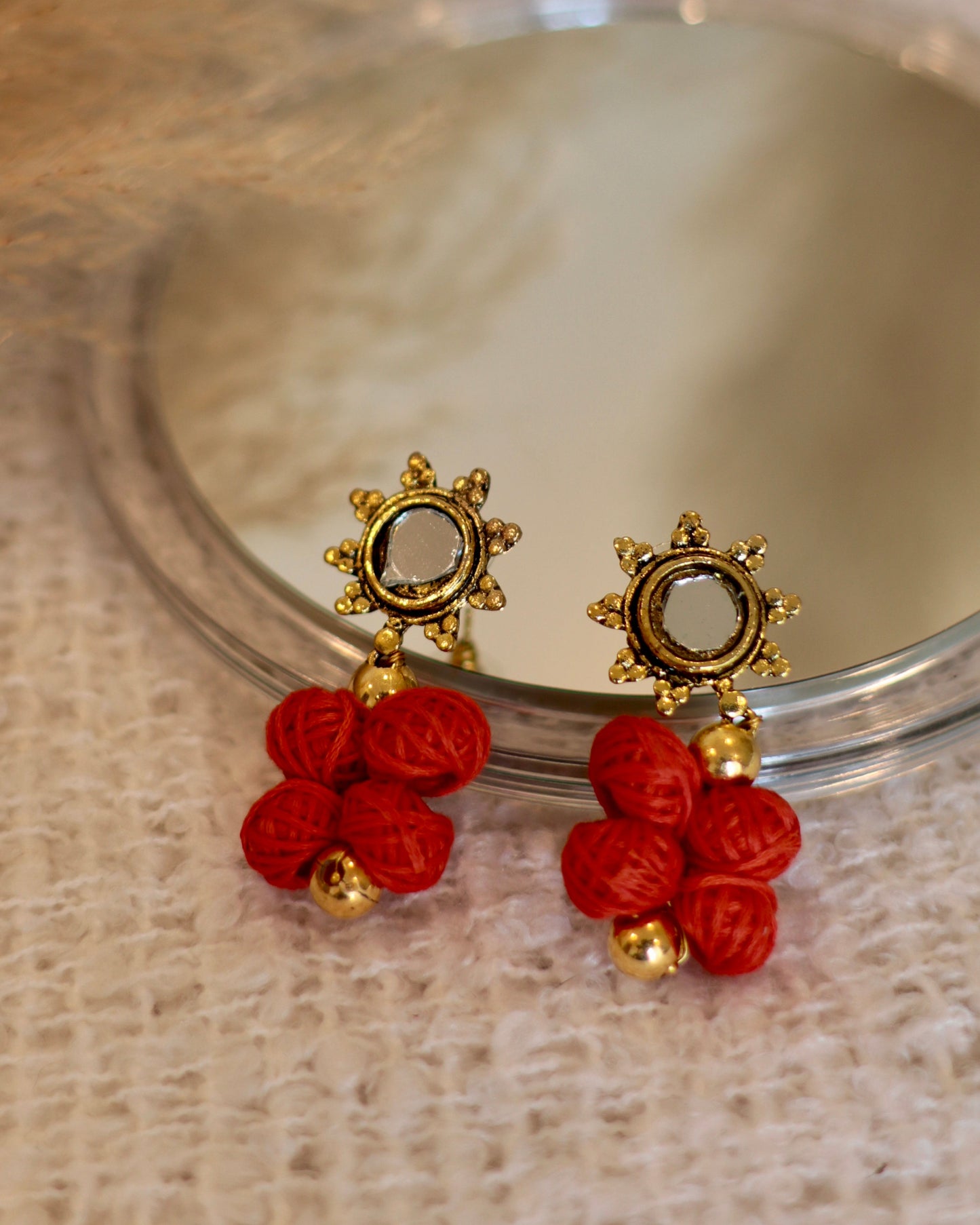 Handmade Thread Ball Earrings with Mirror Accents